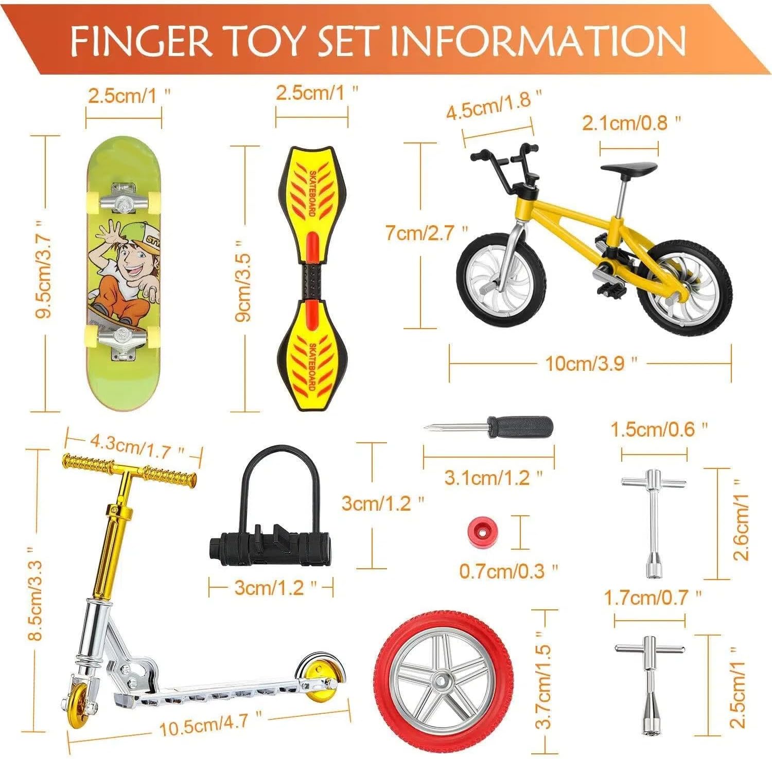 Sumind 18 Pcs Mini Finger Toys Set Includes Finger Skateboards, Bikes, Mini Scooters and Matched Wheels and Tools Accessories Fingertip Movement Educational Toys for Kids Gifts Party Favors