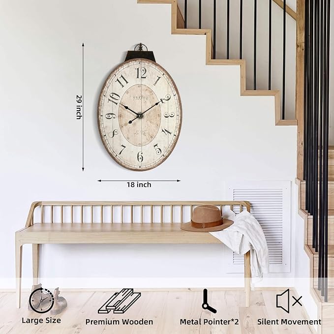Reloj de Pared Oval Grande MODE HOME Estilo Francés Rustico Madera miniatura 2