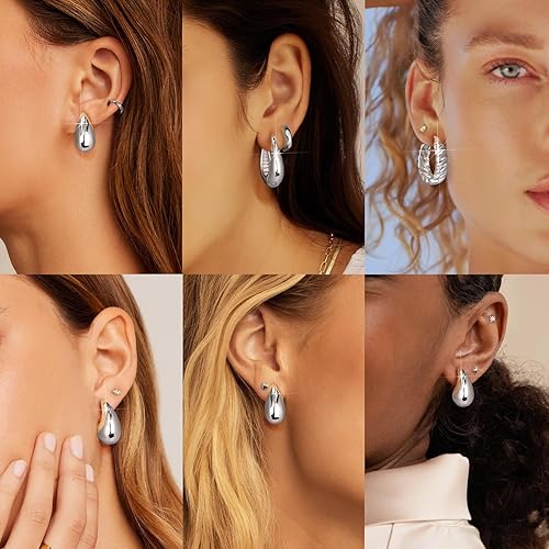 Miniatura 4 de Aretes de oro para mujer, aretes gruesos de oro con forma de lágrima, chapados en oro de 14 quilates, ligeros, hipoalergénicos, regalo para niñas,