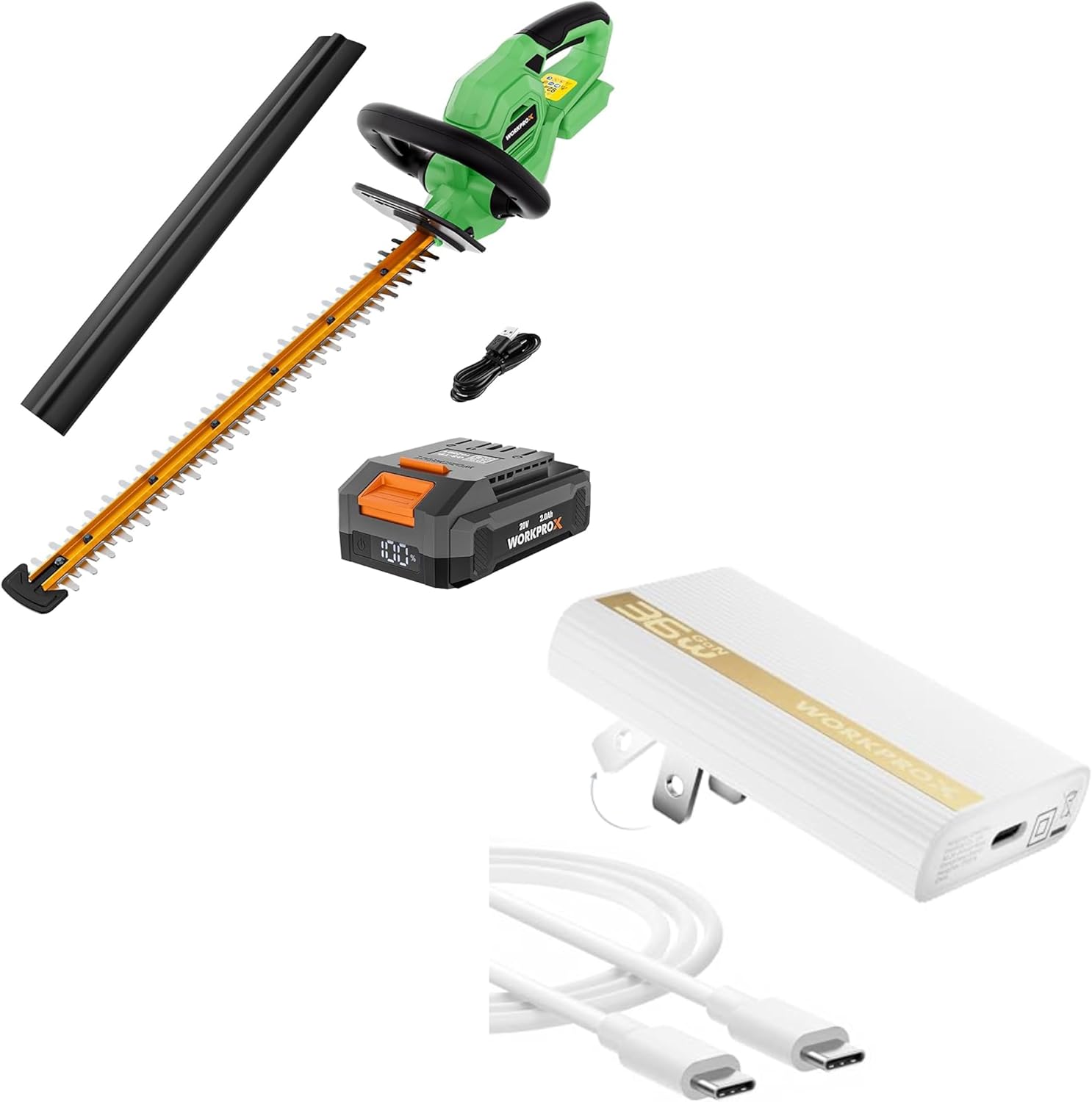 WORKPROX 36W Ultra-Slim Flat Wall Charger & 20V Cordless Hedge Trimmer