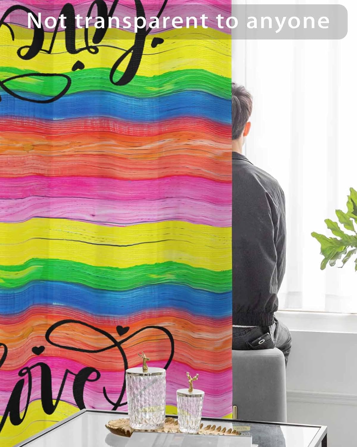 Outdoor Waterproof Curtains, Love Rainbow Colored Flag of Gay Wood Grain Weatherproof Curtain Grommet Top and Tab Bottom Drape, Thermal Insulated Curtain for Patio Porch Gazebo Pergola