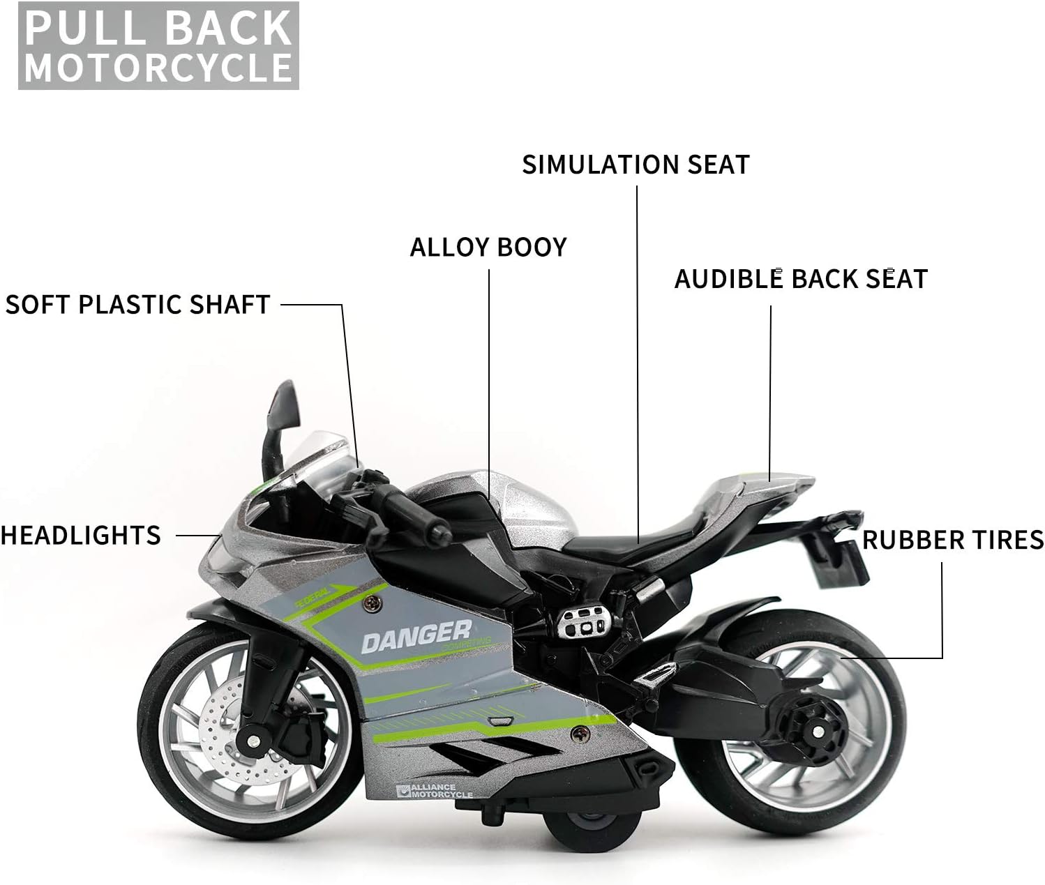 Pull Back Motorcycle Model - 1:12 Scale Toy Motorcycle,Motorcycle Toy with Light and Music for Children Boys and Girls (Silver)