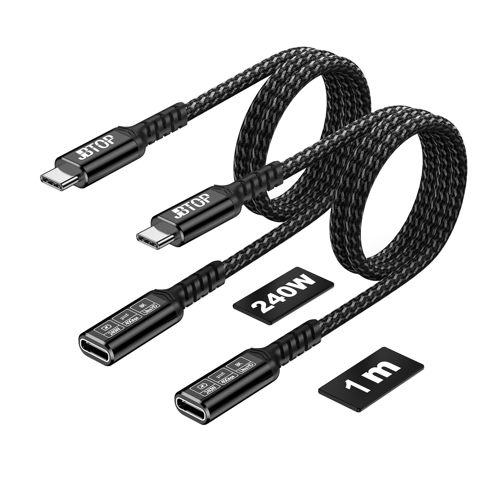 Cable de extensión USB C de 3.3 pies [2 unidades de 40 Gbps/240 W/8 K], carga de 240 W, transferencia de datos de 40 Gbps, cable extensor USB C 4.0 tipo C, macho a hembra para laptop, tablet