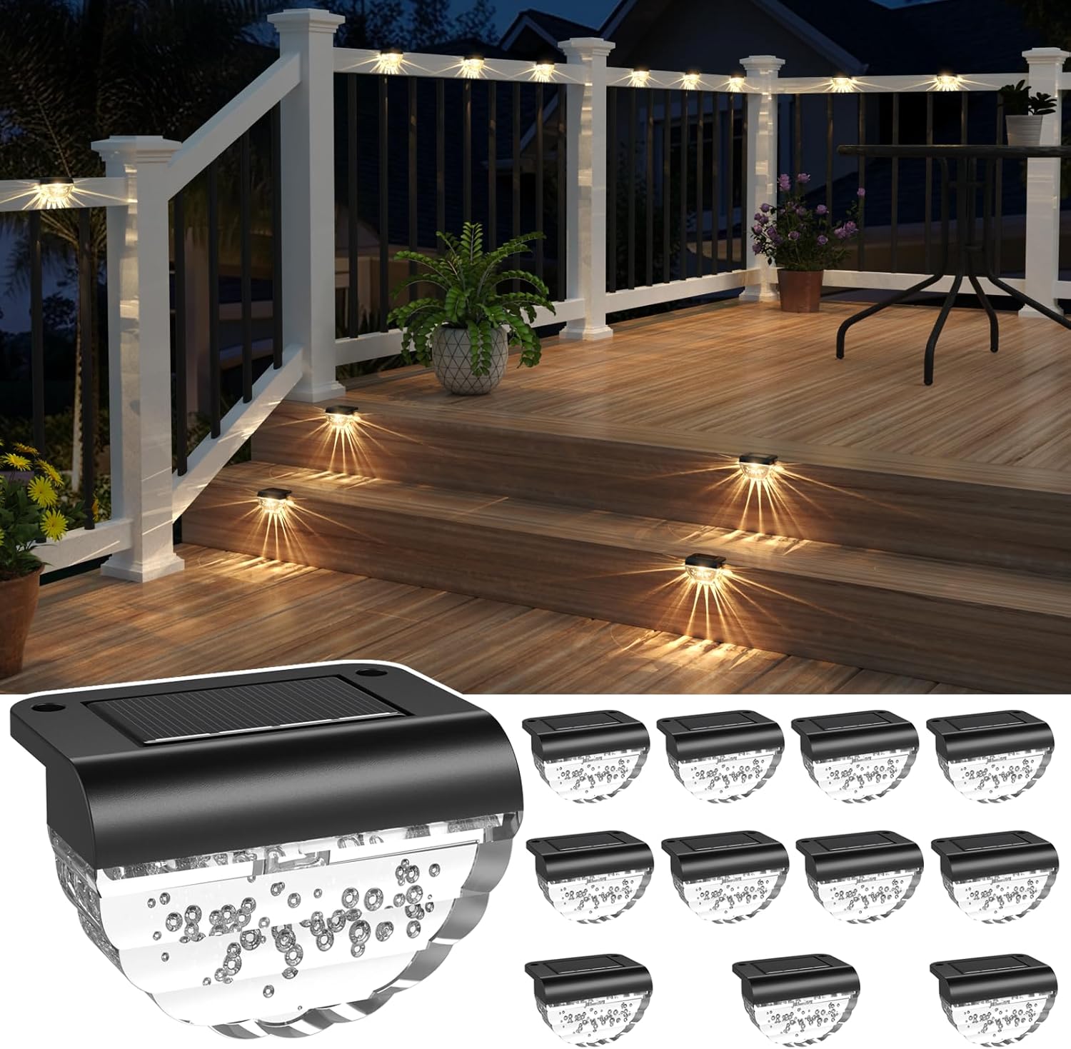Melunar 12 Pack Solar Deck Lights Outdoor, Solar Step Lights Waterproof for Outside, Yard, Patio, Garden, Pool, Railing, Stairs, Fence (Warm White)