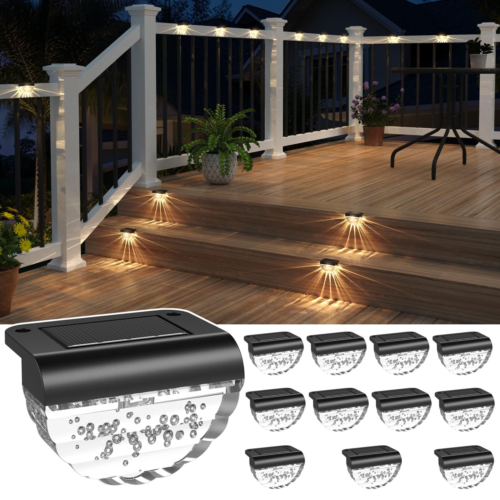 12 Pack Solar Deck Lights – Waterproof LED Step Lights For Fence, Stairs, Pool, Yard (Warm White)