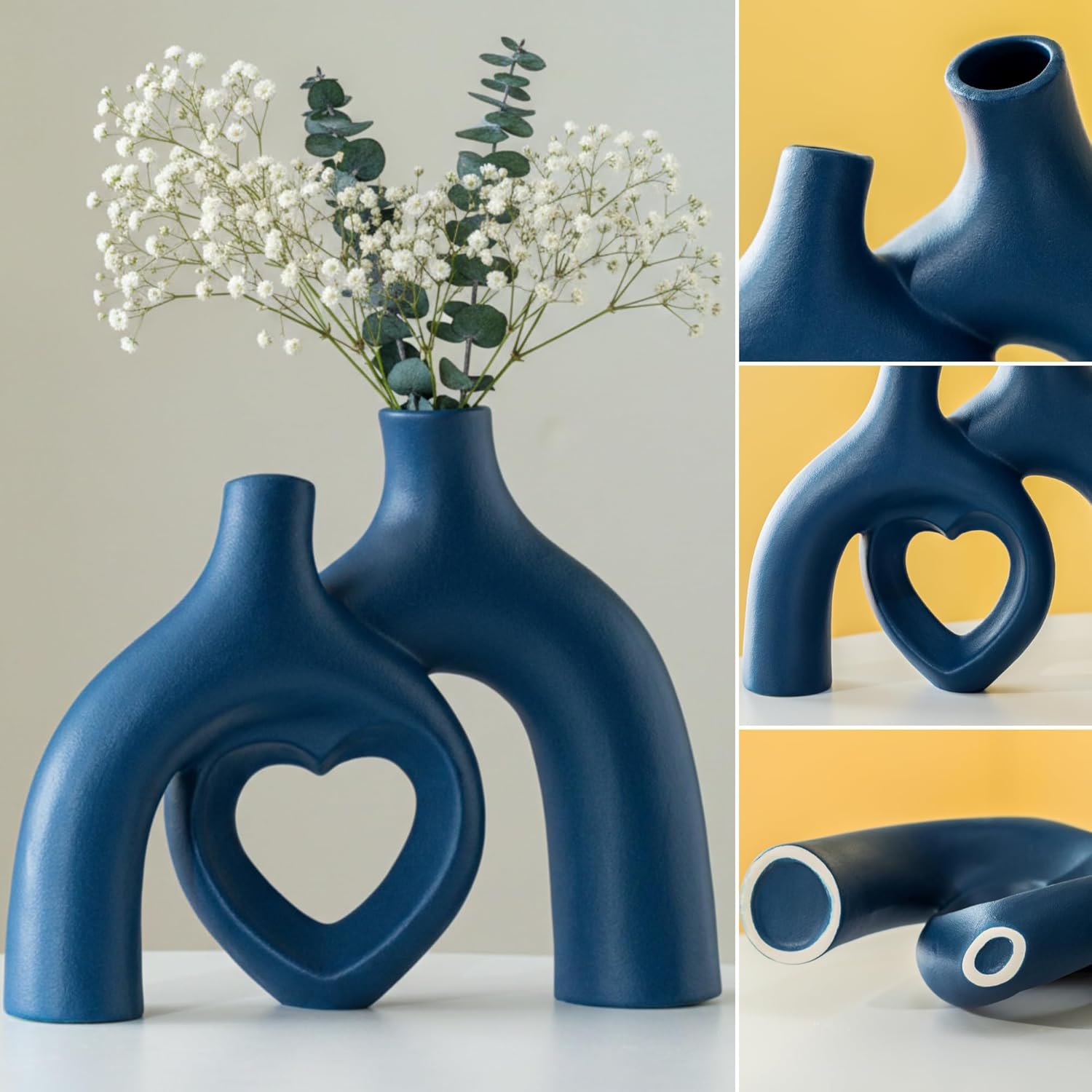 Lvases Couple Hugging Heart Art Vase for Home Decor - Abstract Decorative Flower Vases Living Room Wedding Centerpiece Shelf & Table Decor - Unique Heart Design (Matte Navy Blue)