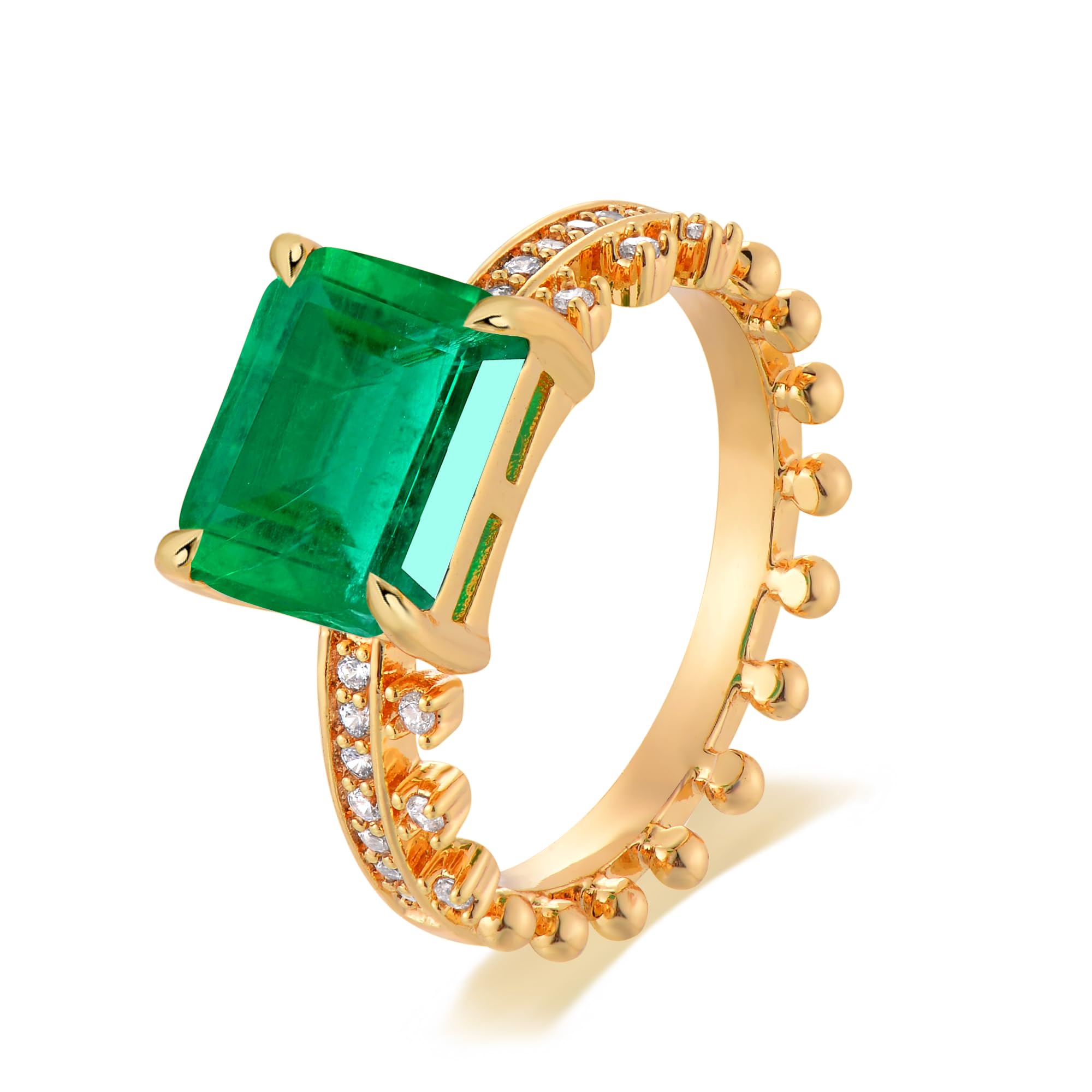 MTMY Gold Simulated Emerald Rings - 14K Gold Plated Dainty Green Stacking & Statement Rings for Women, Size 6 to 8