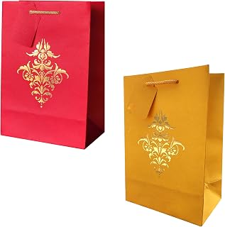 Flora Paperbags Wedding Paper Gift Bags For Return Gifts Small paper bags 7x10x4 Inch Pack of 10 Red & Golden Color With Tags & Tissue Paper Bags For Wedding, Birthday, Party, Festive Gifting