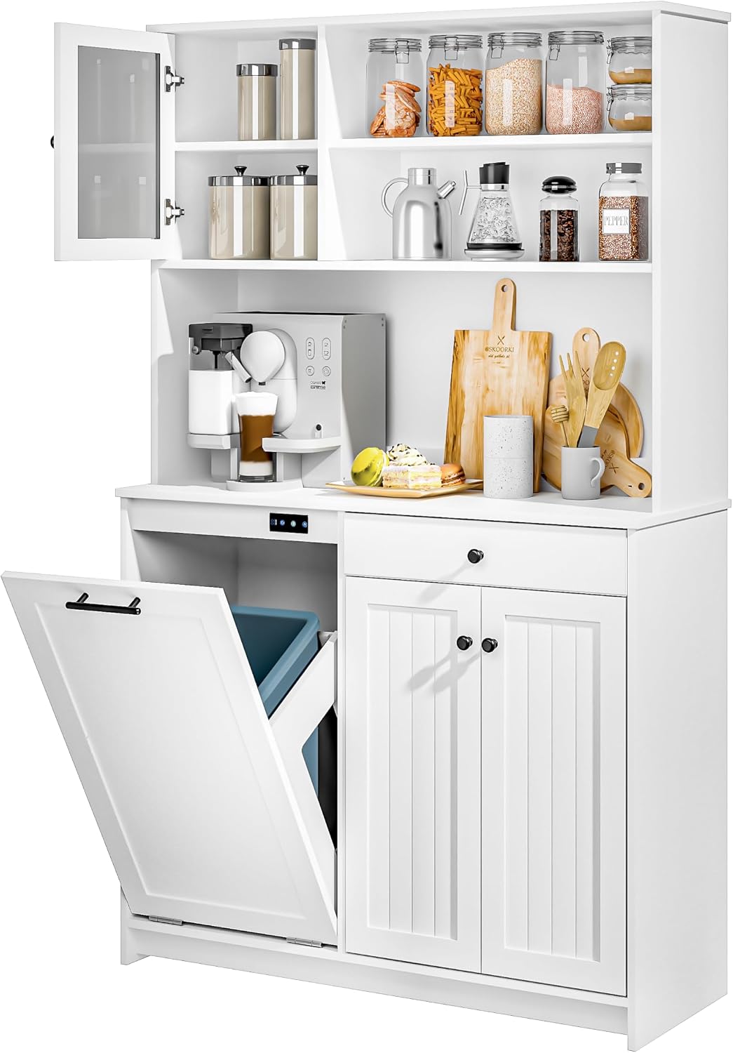 Freestanding Tilt-Out Trash Can Cabinet with Deodorising Function, 70" Kitchen Pantry, Storage Cabinet with Microwave Shelf & Adjustable Shelves for 10 Gallons Bin, Kitchen Hutch Cabinet, White
