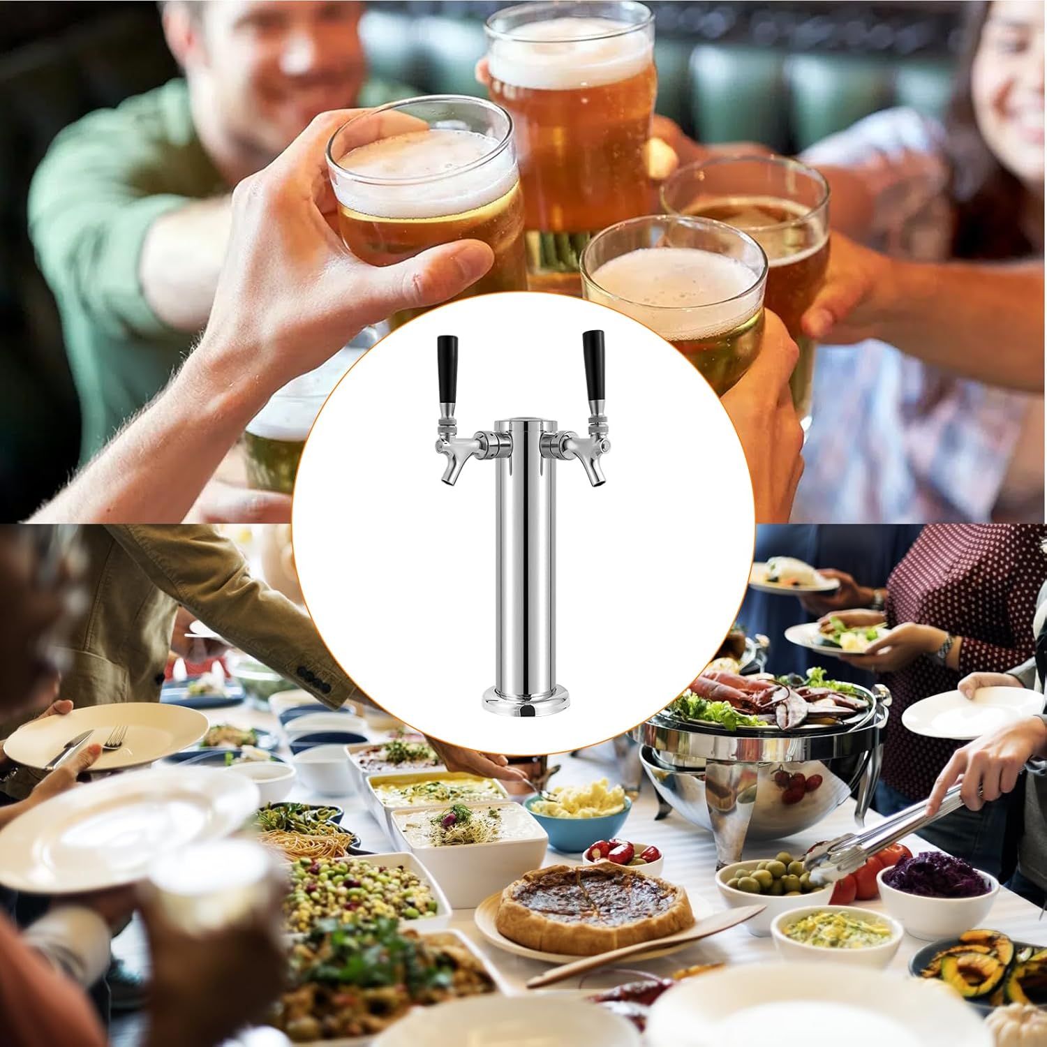 Dual Tap Beer Kegerator Tower - 3" Beer Keg Kegerator Tap, Kegerator Parts with Pre-Assembled Lines, Stainless Steel Draft Beer Tower Dispenser with Self-Closing Brass Faucet, Kegerator Accessories