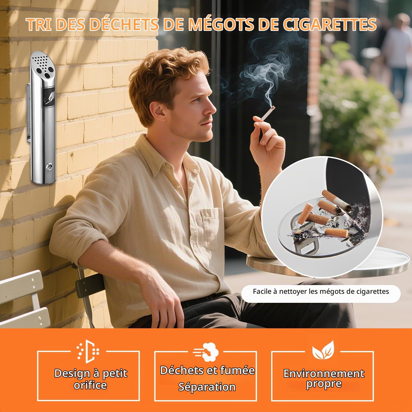 Lot de 2 cendriers muraux pour extérieur en acier inoxydable