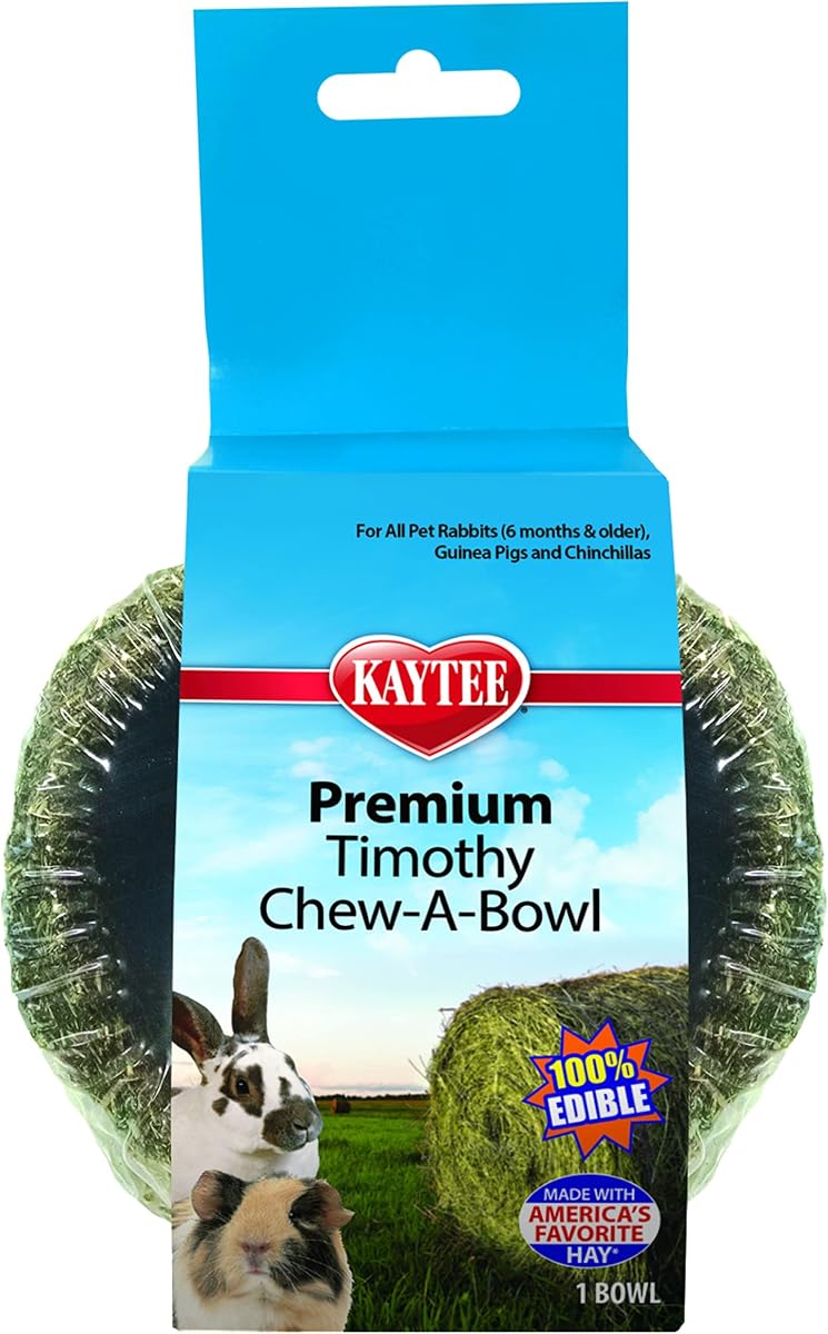 Premium Timothy Hay Chew-A-Bowl for Rabbits, Guinea Pigs | Helps satisfy chewing. Edible bowl for rabbit treats. Timothy hay, grains and vegetables, guinea pig treats