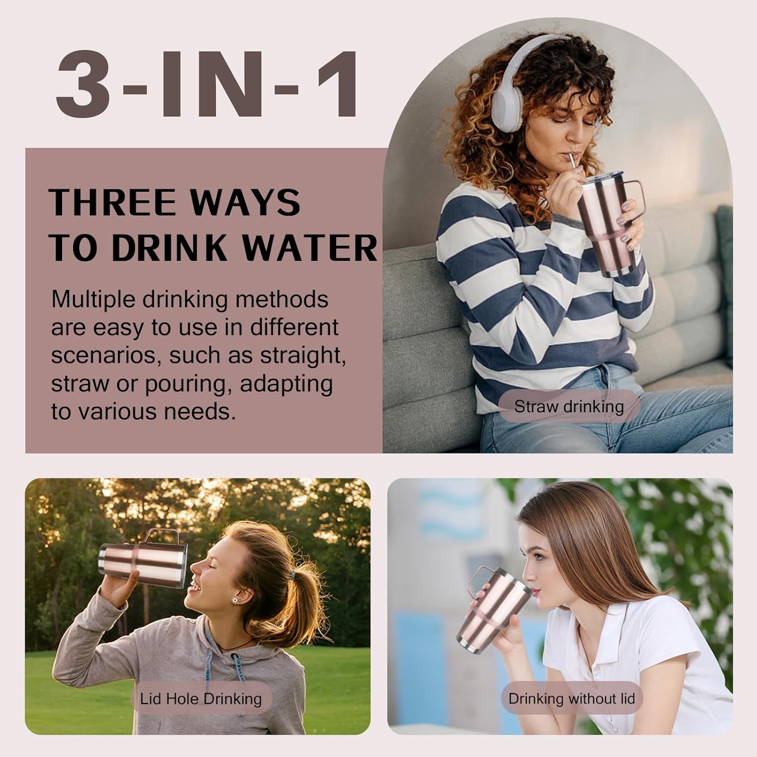 30 oz Stainless Steel Tumbler with Handle, Double Wall Vacuum Insulated Coffee Mug Tumbler with Lid and Straw, Thermal Cup for Cold and Hot (Rose Gold) - Image 5