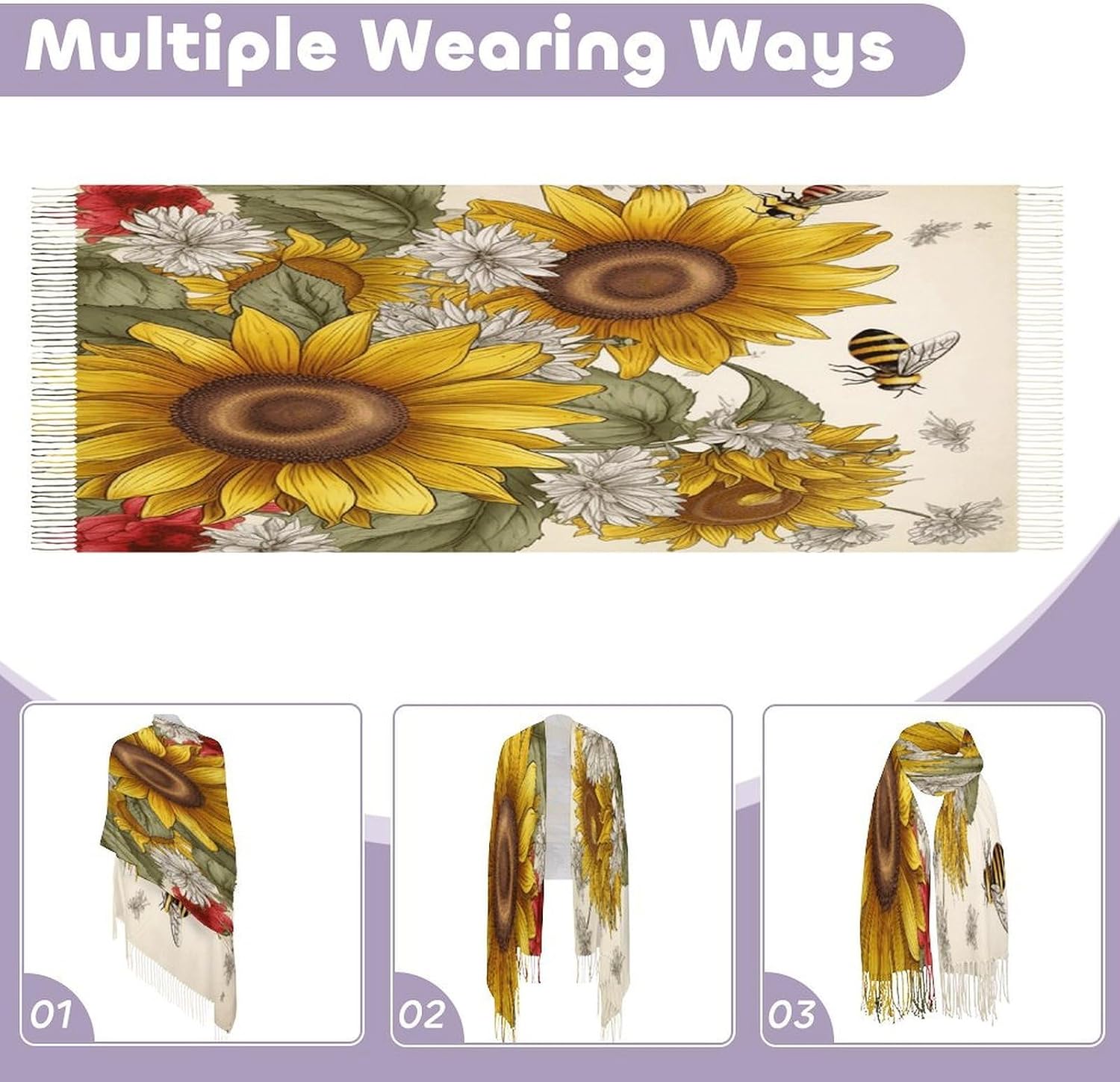 Bees Sunflowers Daisy Rose Flowers Scarf for Women Men Classic Fashion Blanket Scarves Soft Cashmere Feel Scarf Cold Weather Warm Long Shawl Winter Large Scarves Classic Blanket Scarfs Thick