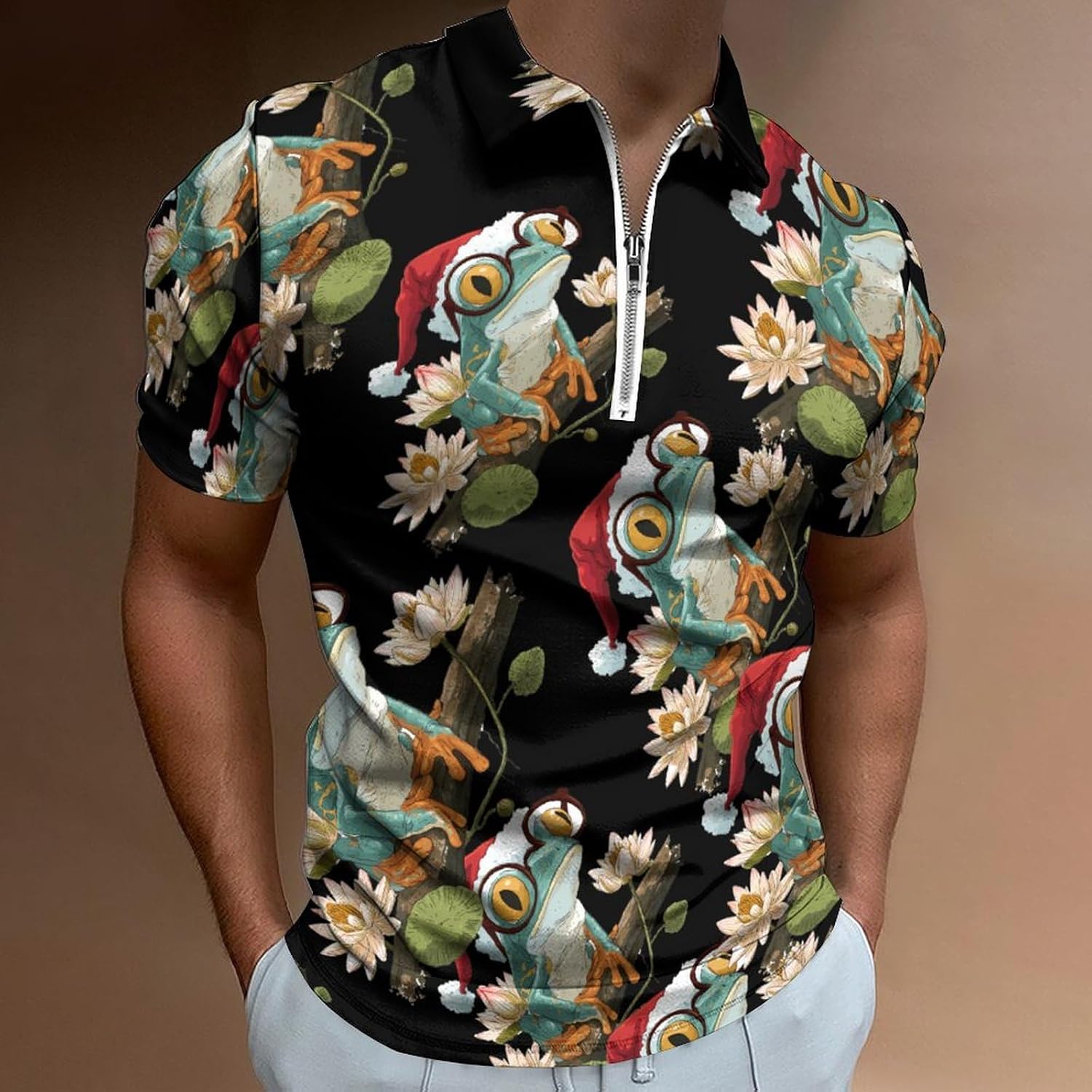 Frog Christmas Tree Men's Polo Shirts Golf Short Sleeve Tops | Casual Workout,Golf T-Shirt,Zippered Tee,Collared,Print