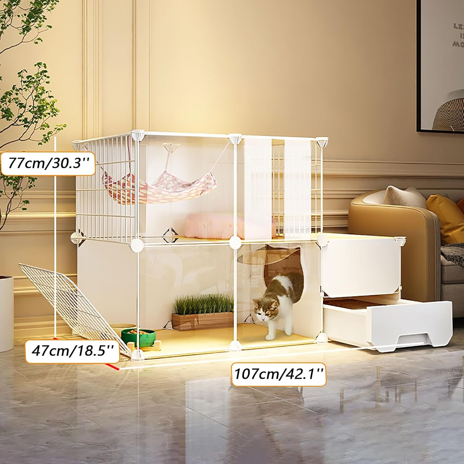 Indoor Cat Cage Playpen, Semi-Enclosed Detachable Cat Crate Cat Enclosure Small Animal Cage with Ladder/Litter Box/Cat Nest/Cat Bowl, Large Exercise Place (Color : Without Wheels,