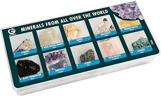10 Authentic World Mineral Specimens STEM Kit for Kids – Labeled Geology Collection with Guide in Plastic Display Case – Educational Rock Set Ages 6+
