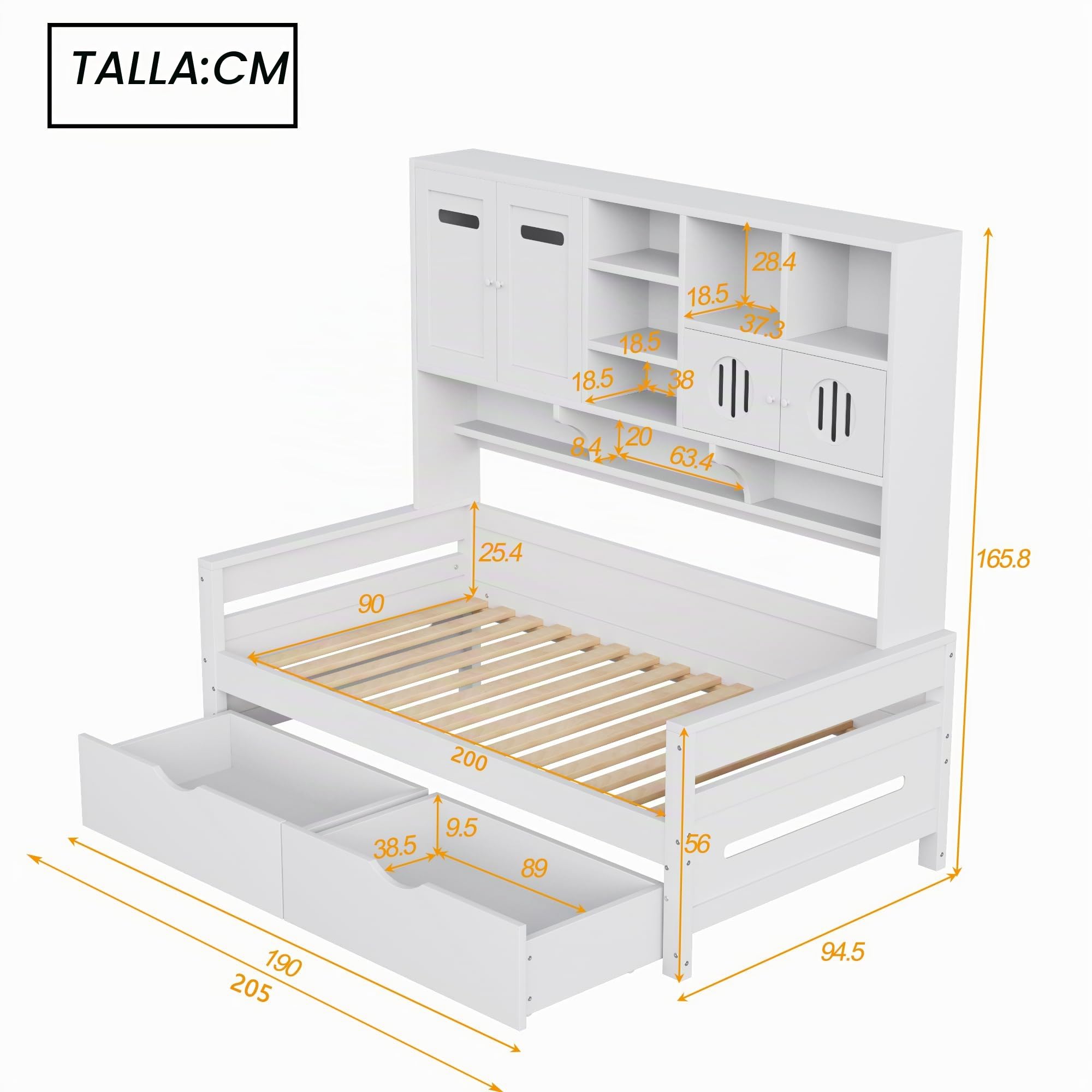 Sofá cama de madera, 90 x 200 cm, almacenamiento multifuncional, cama infantil, cajón grande, cama individual, cama juvenil, somier (sin colchón) (blanco)