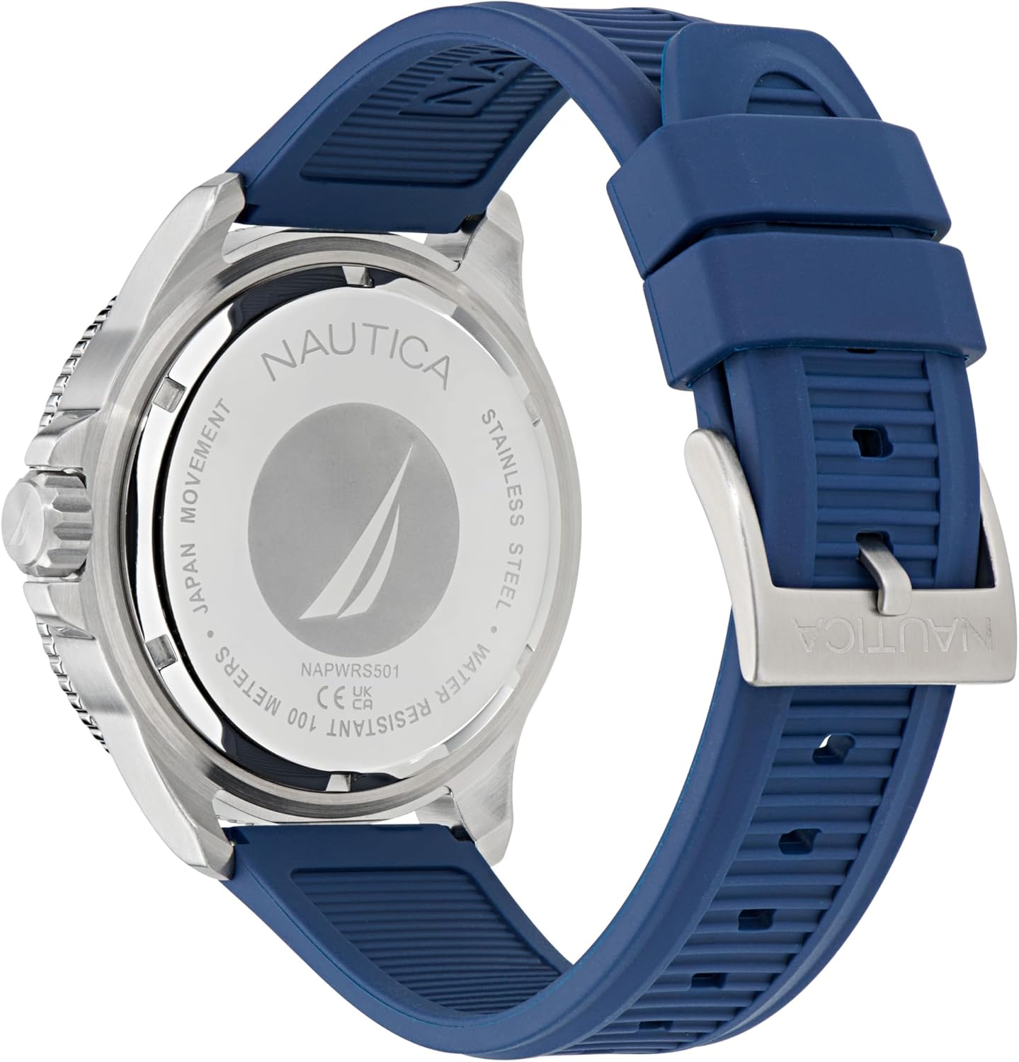 Артка view of Nautica NCT Windrose watch showing case back and strap