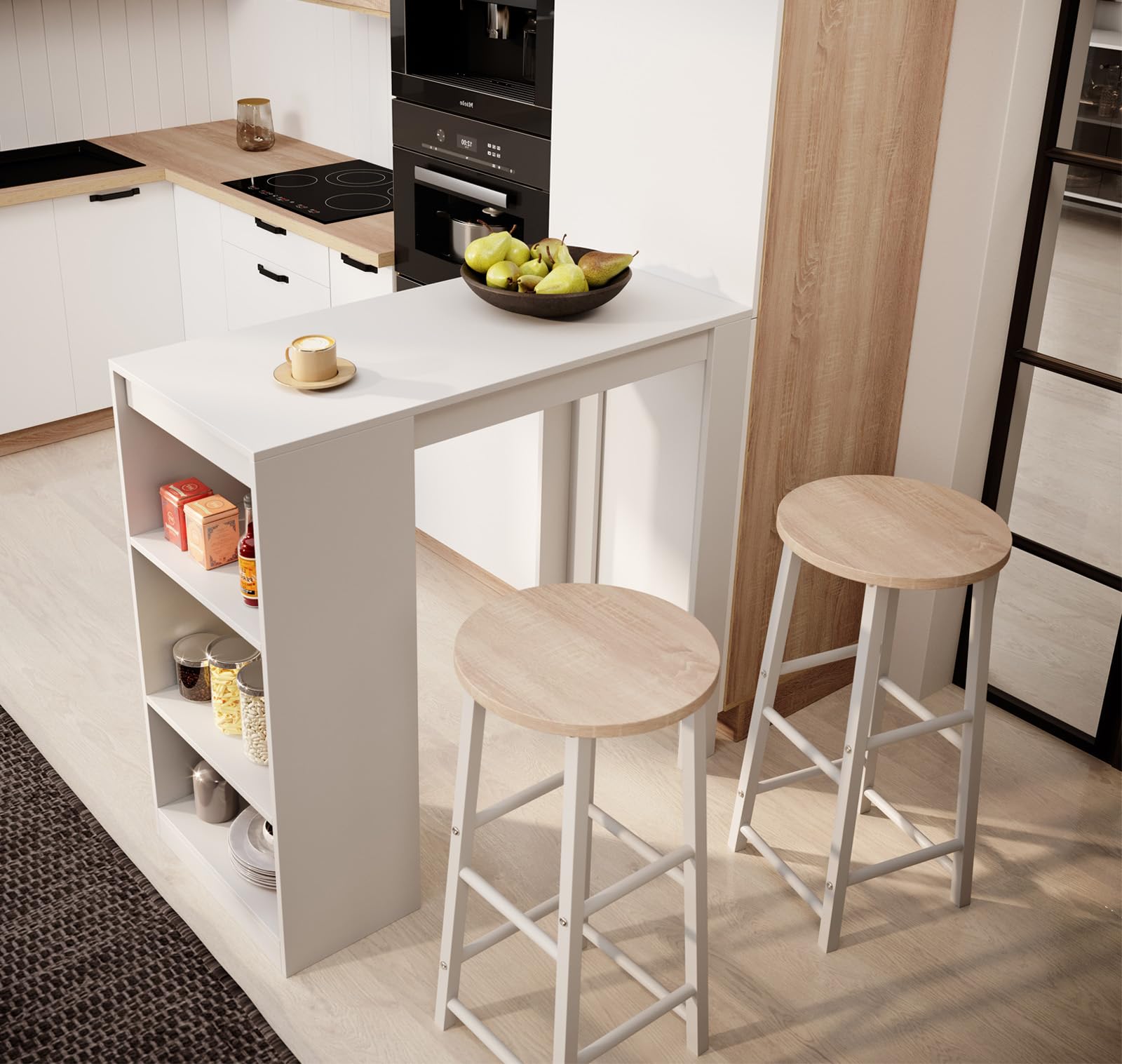MB Muebles Bonitos | Ensemble Table Haute et 2 Tabourets Kyra | Mange-Debout de Cuisine avec 3 Étagères de Rangement | Set de Bar Moderne Gain de Place | Blanc | 110x103x50 cm