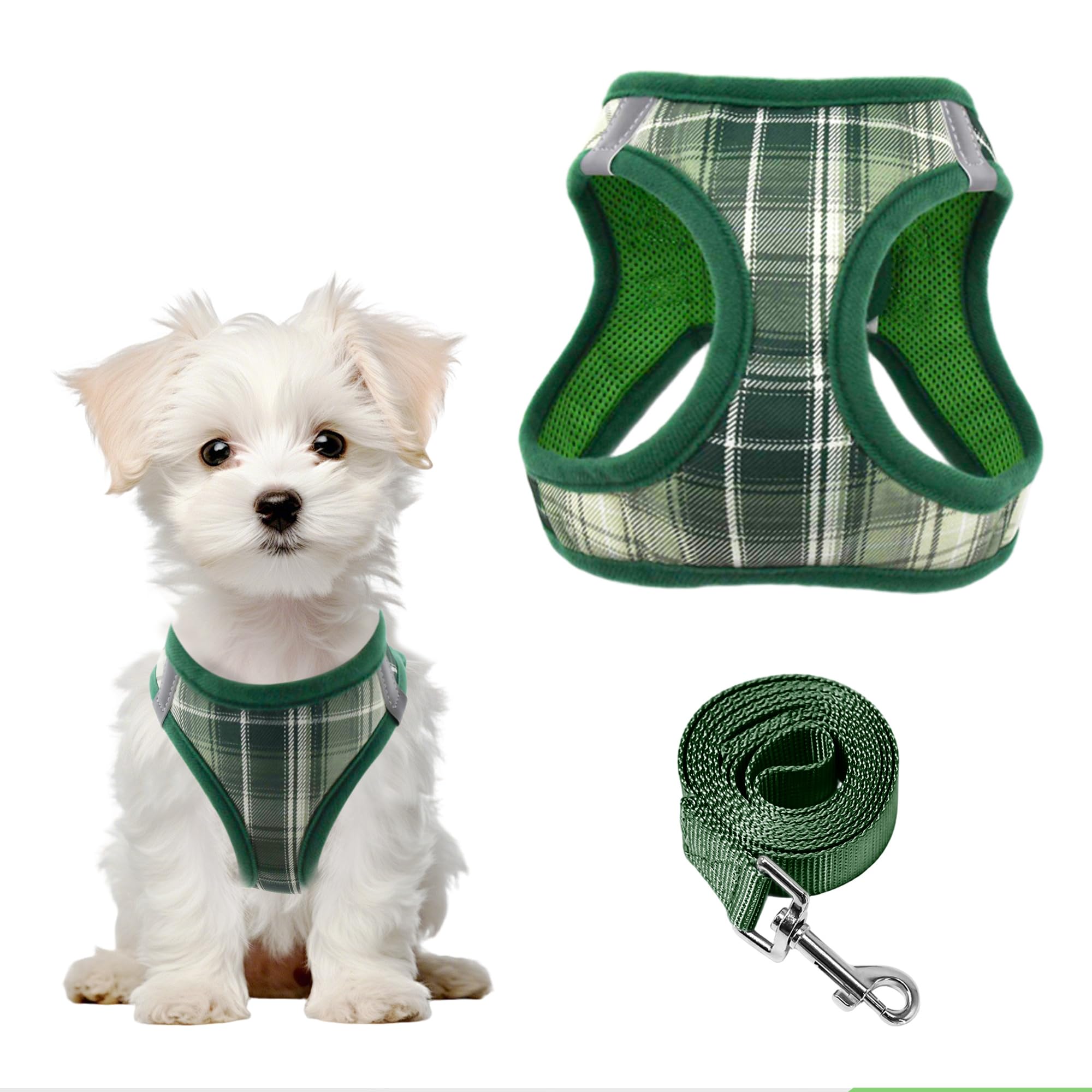 PawSailor Step in Dog Harness and Lead Set Adjustable No Pull Soft Mesh Padded Puppy Harness Reflective Plaid Pattern with Safety Buckle, Easy Walk Pet Vest for Small Dogs and Cats, Green M