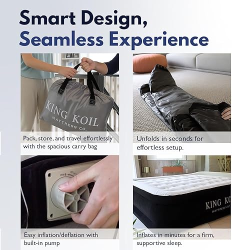 Miniatura 7 de King Koil Colchón de aire de lujo de felpa tamaño California King con bomba patentada de alta velocidad integrada para el hogar, campamento e