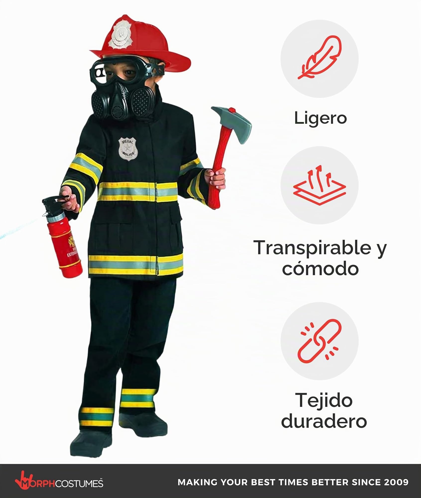 Morph - Disfraz de bombero infantil, disfraz de Halloween para niños, tallas S, M y L
