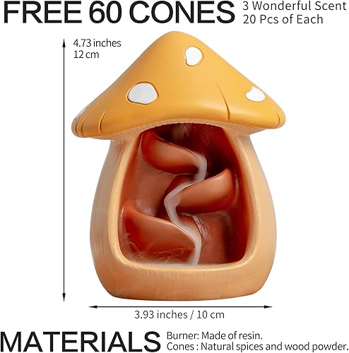 Miniatura 2 de Lindo soporte de incienso de hongos con 60 conos de incienso, quemador de incienso de reflujo de cascada hecho a mano, quemador de incienso con