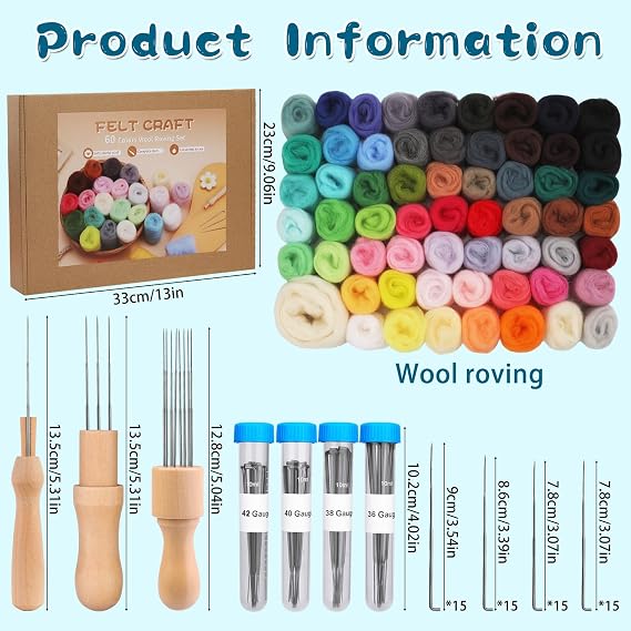 Mayboos 60 Colors Needle Felting Kit with Assorted Wool Roving & Needles