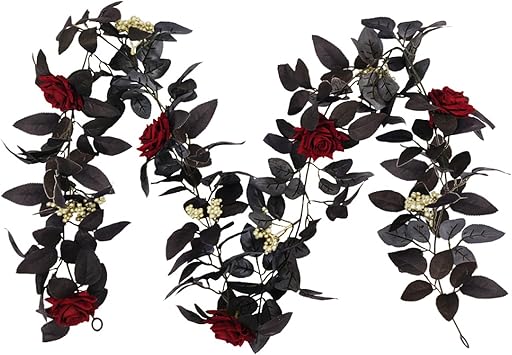BFYDOAA 180cm Artificial Black Rose Vine,Artificial Rose Vine Hanging Flower Garland Hanging Black Silk Flower Garland Halloween Decorative