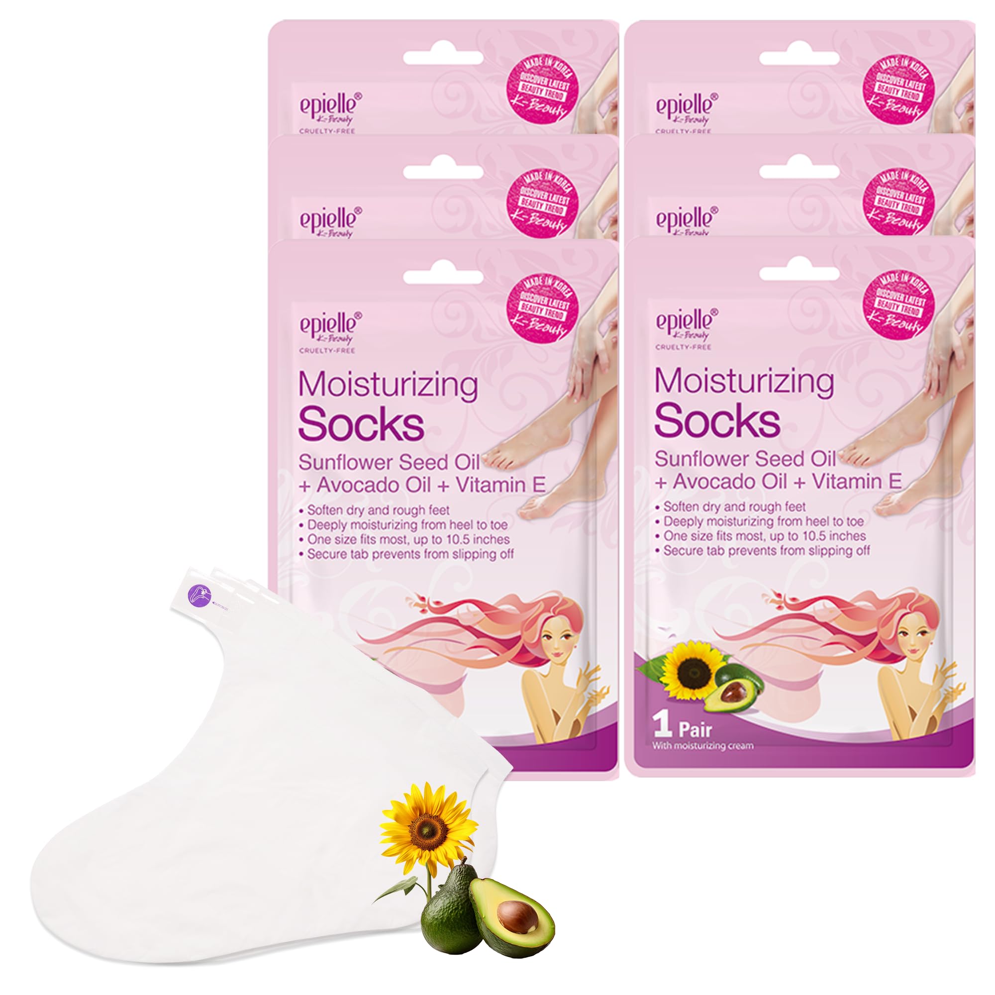 Epielle Moisturizing Foot Mask 6 Pairs, Soften with Sunflower Seed Oil & Vitamin E, Deep Moisturizing Socks for Dry, Cracked Feet, Self Care Gifts for Women, Spa Kit, Stocking Stuffers