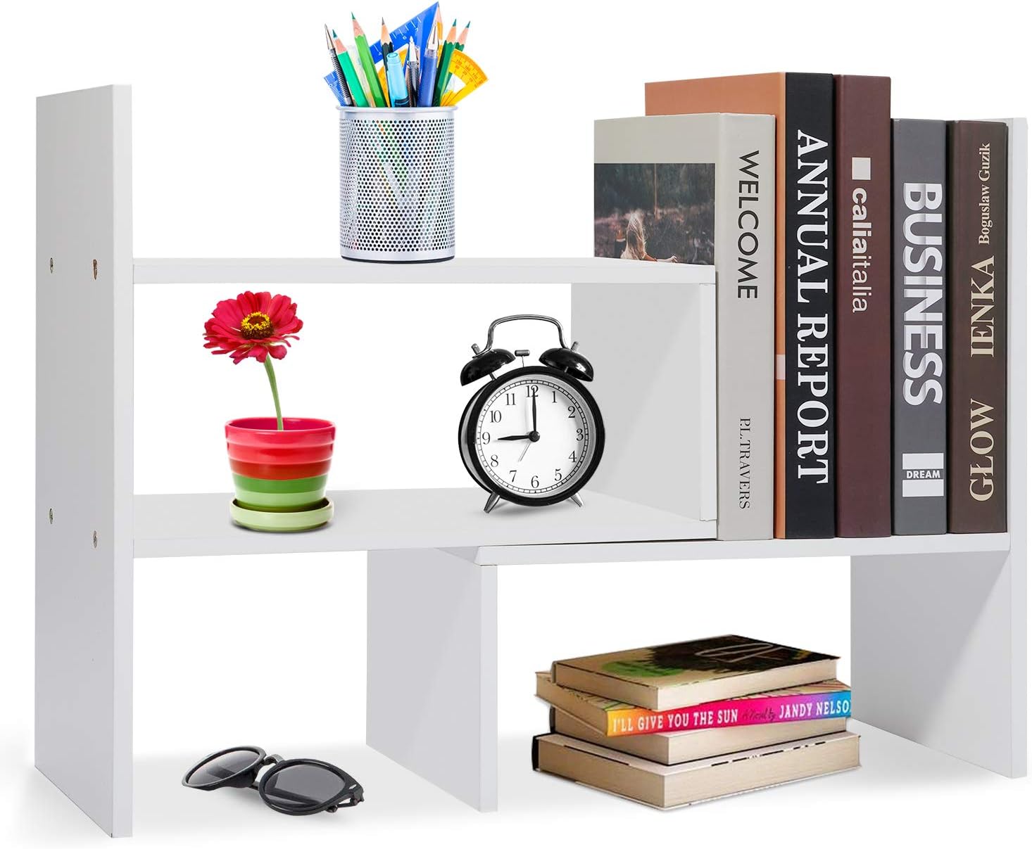 Hossejoy Wood Adjustable Desktop Storage Organizer Display Shelf Rack, Office Supplies Desk Organizer,White