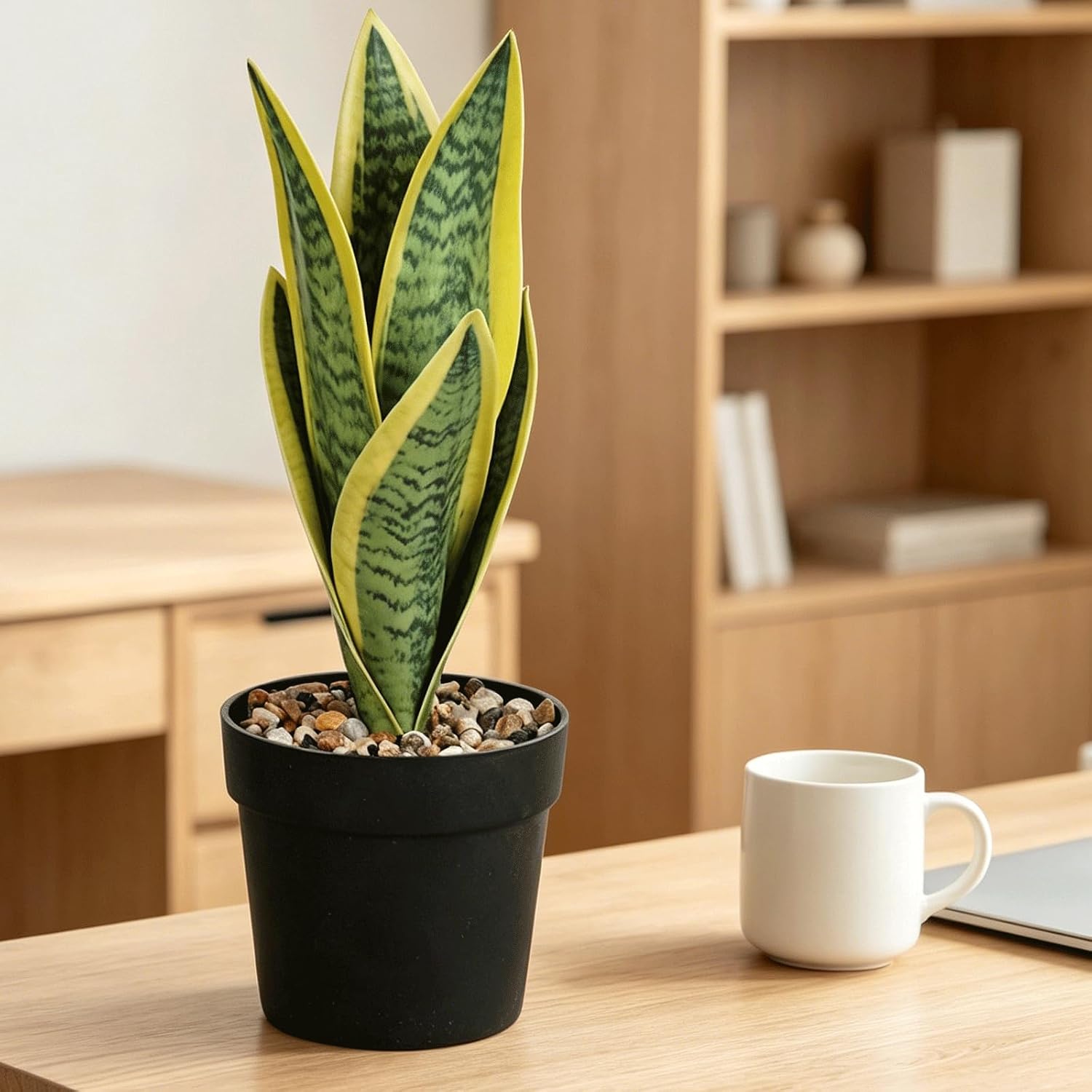 10.5" Small Artificial Snake Plant in Black Pot - Green | Faux Sansevieria Desk Plant for Home Office Decor | Low Maintenance Housewarming Gift for Indoor Spaces