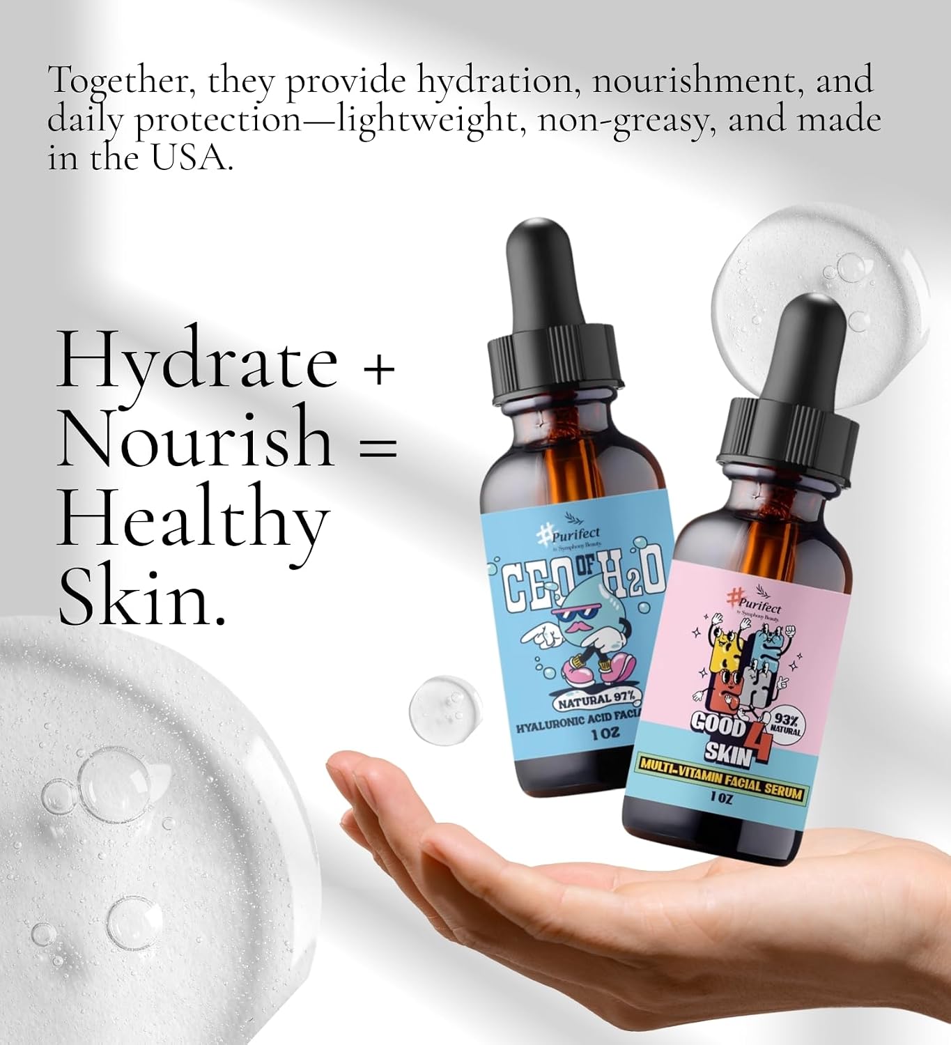 Purifect CEO of H2O Hyaluronic Acid Serum Bundle with Good 4 Skin Multi-Vitamin Facial Serum 30ml each by Symphony Beauty – Hydrates, Nourishes & Promotes Skin Balance – Gift Set (2 Items)