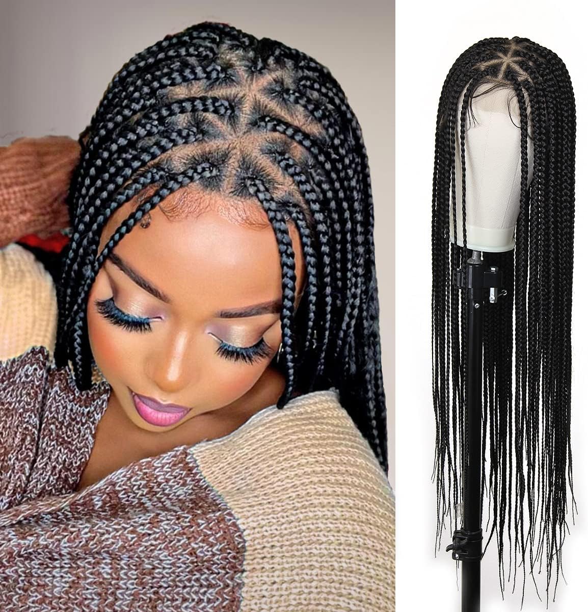 Box Braid Wigs for Black Women, 36 inch Triangle Part Knotless Braids Wig Full Double Lace Box Braid Wigs with Baby Hair