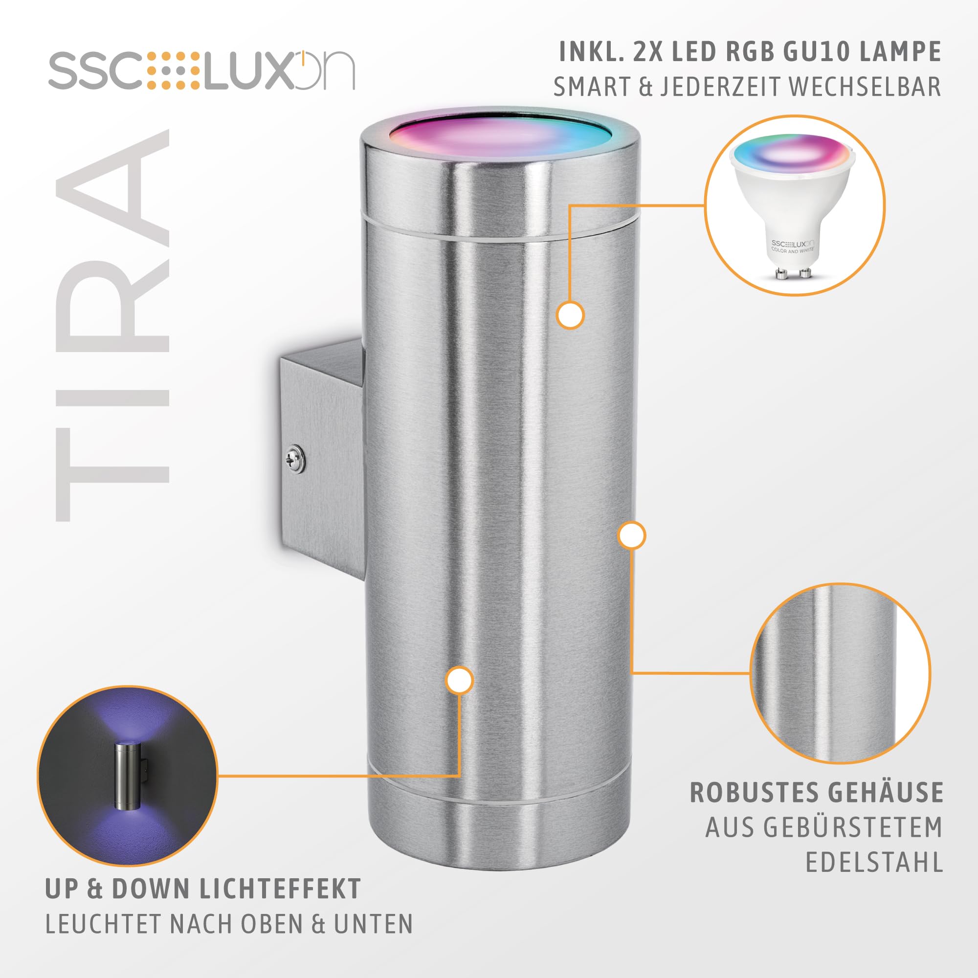 SSC-LUXon TIRA Wandlampe Edelstahl für Außen IP54 inkl. 2x Smart WiFi RGB GU10 LEDs (steuerung per App & Sprache) - Außen Wandleuchte Up Down