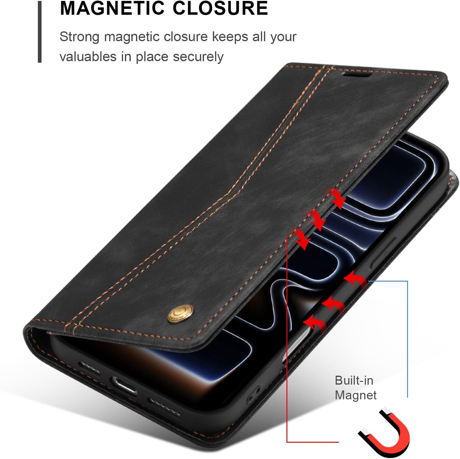 QLTYPRI for iPhone 17 Pro Max Case Wallet with Card Holder, Vintage PU Leather Kickstand Magnetic Closure Shockproof Folio Book Cover Case for iPhone 17 Pro Max - Retro Black - Image 4