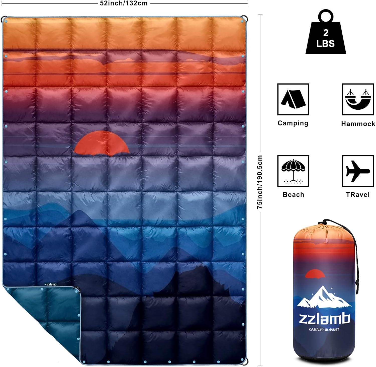 zzlamb Camping Blanket for Cold Weather,Outdoor Puffy Blanket Portable Down Alternative,Windproof Warm Cloak with Snaps,Cozy Quilt Backpacking Picnic RV Travel Plane Car Hammock Beach Climbing