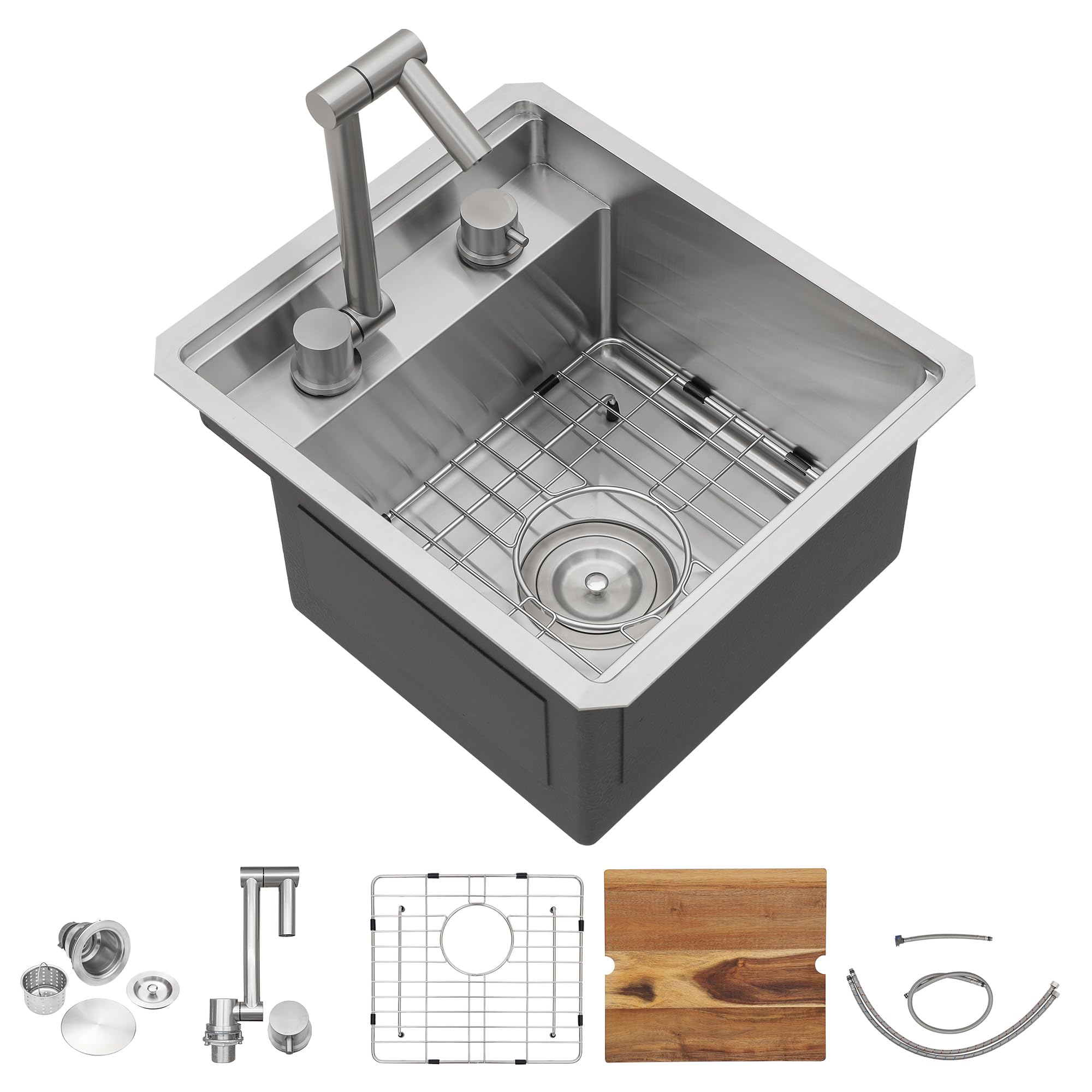 13"x15" Undermount RV Kitchen Sink Workstation – 16 Gauge 304 Stainless Steel Under Counter Single Bowl Basin with Foldable Faucet for RV, Camper, Mobile Home, Wet Bar, Outdoor Kitchen