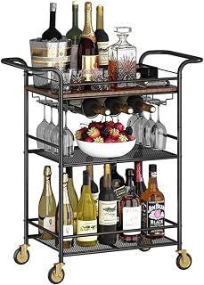 SHANHENGYUN Carrito de barra rodante de 2 niveles con estante para vino y soporte para vasos, carrito de servir móvil con ruedas bloqueables, asas y amplio almacenamiento para cocina, comedor y