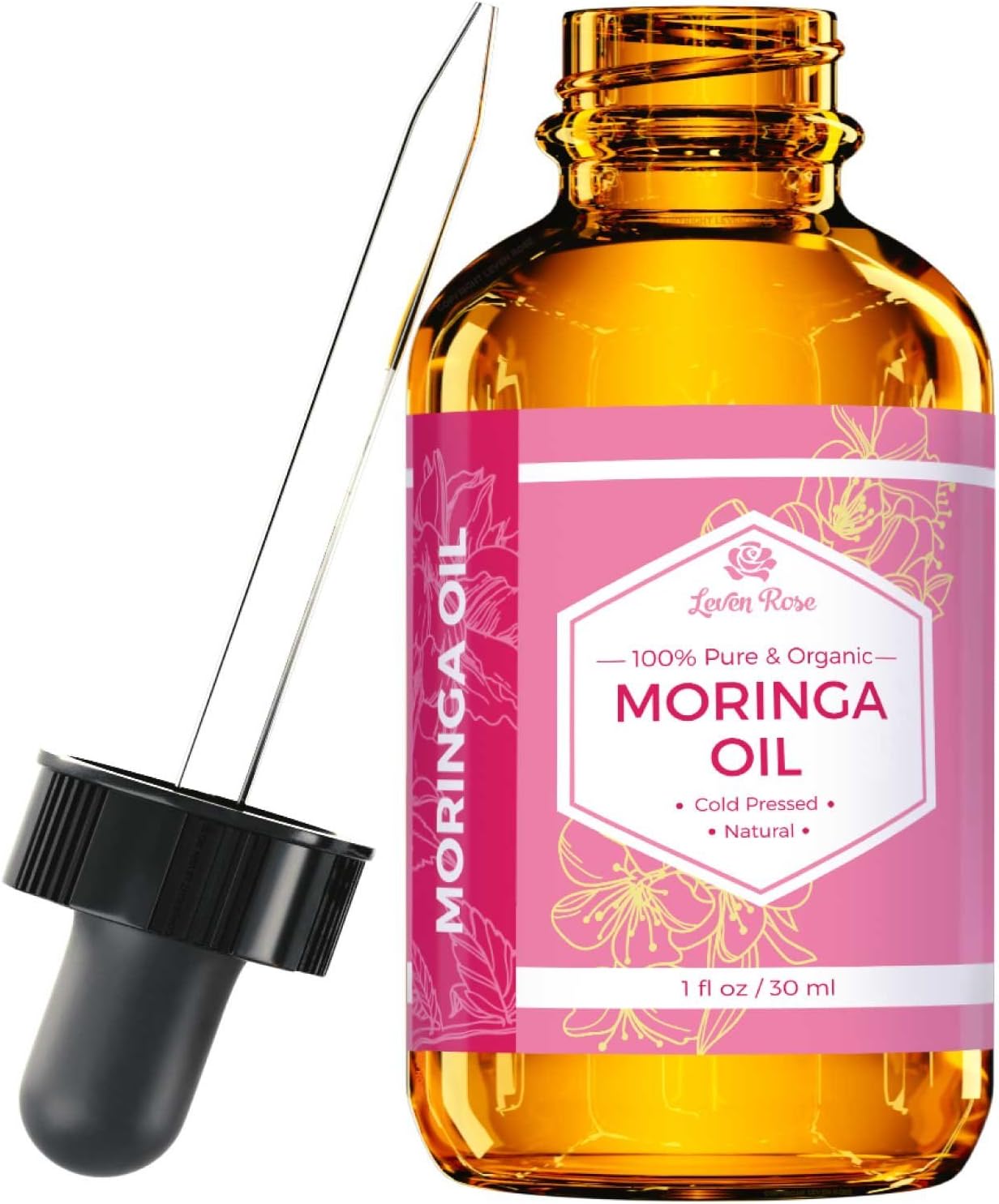 Leven Rose Moringa Oil, Pure, Organic, Cold Pressed, All Natural for Face, Skin, & Hair 1 oz