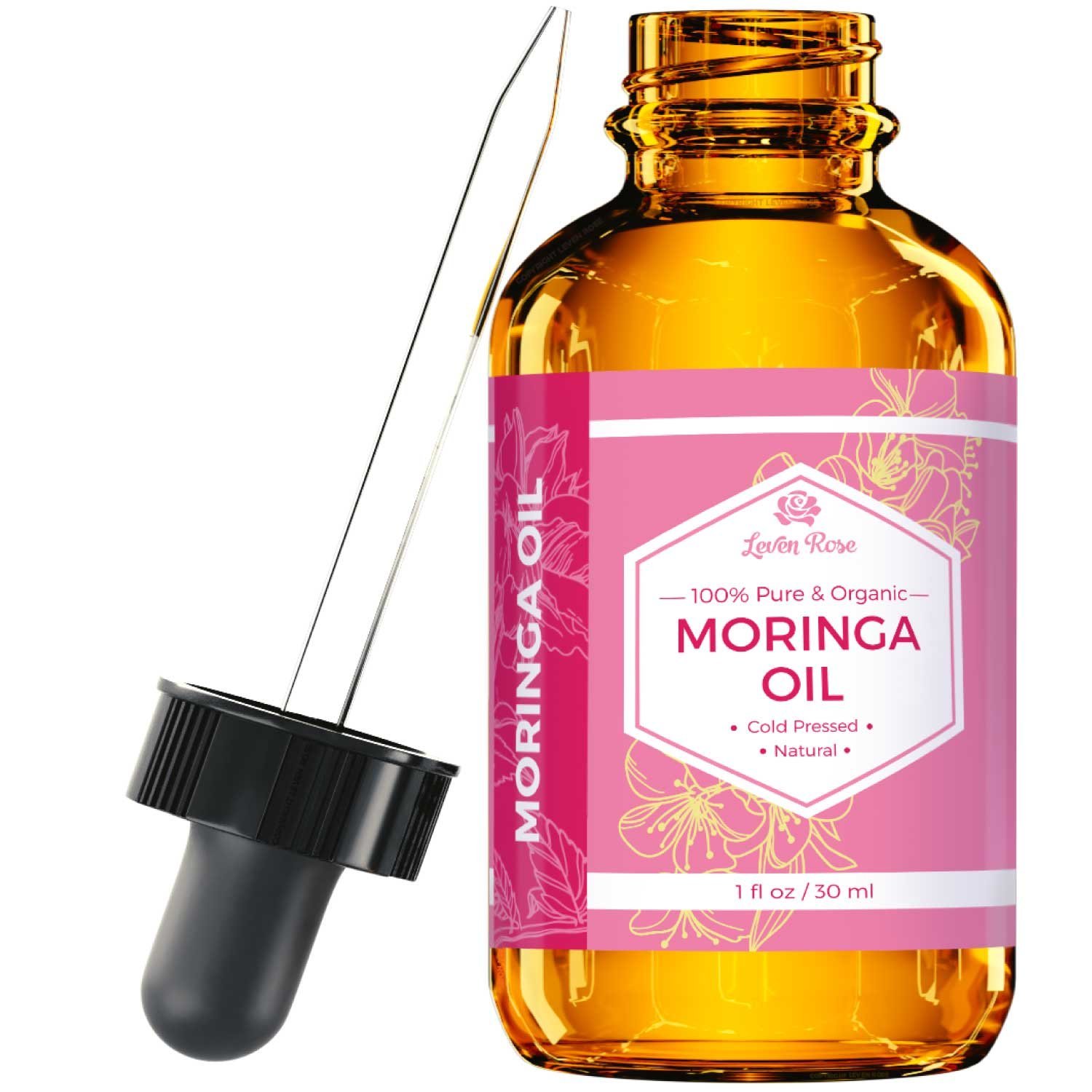 Leven Rose Moringa Oil, Pure, Organic, Cold Pressed, All Natural for Face, Skin, & Hair 1 oz