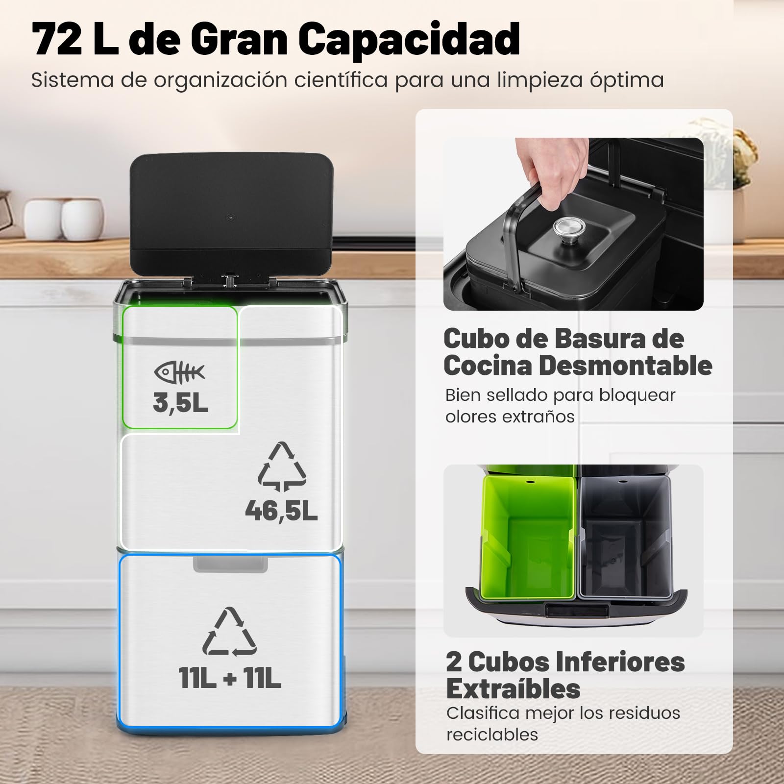 COSTWAY 72 L Cubo de Basura Automatico de Acero Inox, Cubos de Basura de Reciclaje con Sensor de Movimiento, 4 Compartimentos, 2 Niveles, Cubos de Basura Cocina Inteligente (Plata)