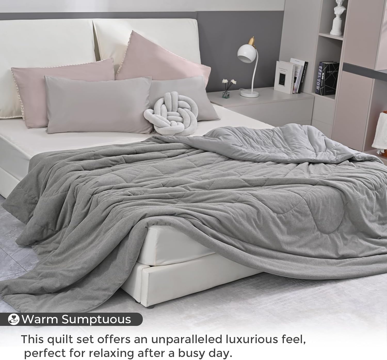 Alpaca Velvet Twin Size Comforter, Reversible Grey Comforter for All Seasons, Unique Row Seam Design Quilt, Breathable and Skin-Friendly, Soft Cozy Luxury Warm Bedding - 60"X90"