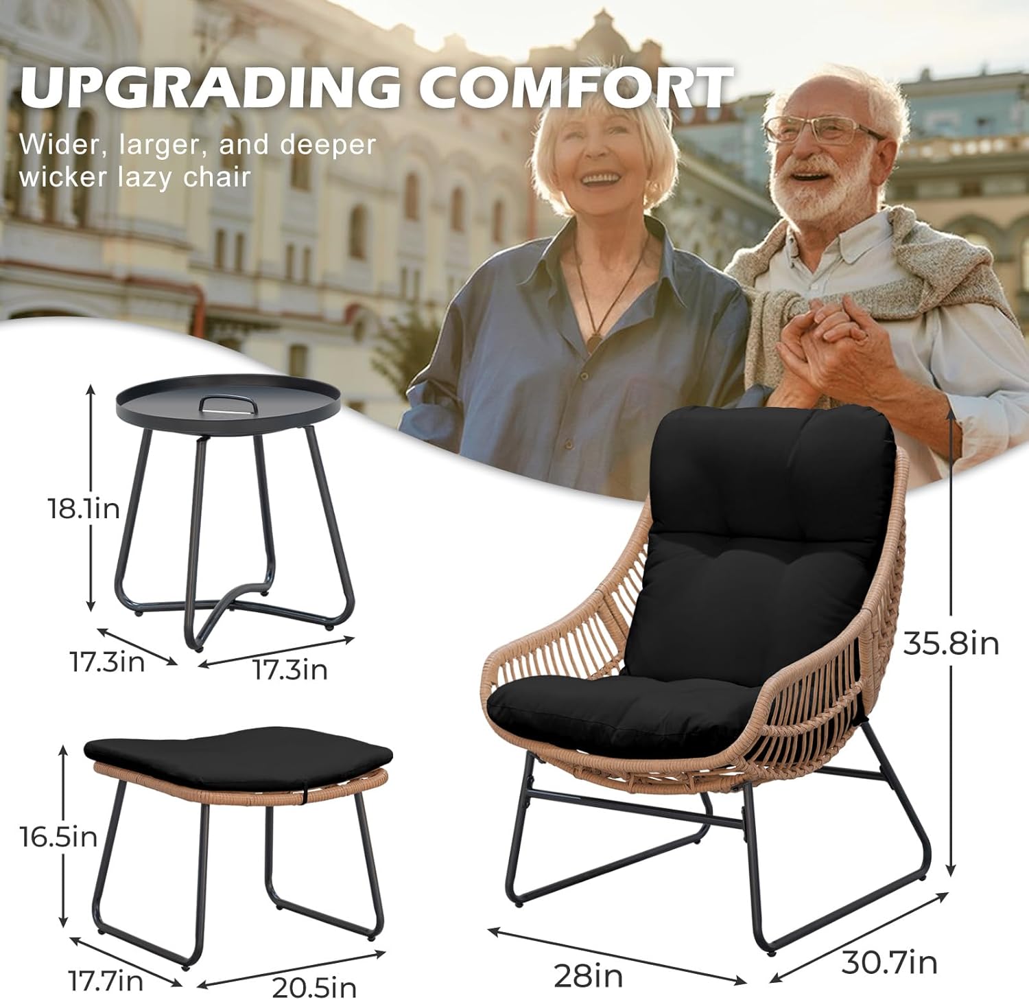 Outdoor Wicker Papasan Egg Chair with Ottoman, Patio Basket Lounge Chair Indoor Egg-Shaped Rattan Reading Lounger with Thick Cushion and Table for Living Room Bedroom Balcony Porch, Black