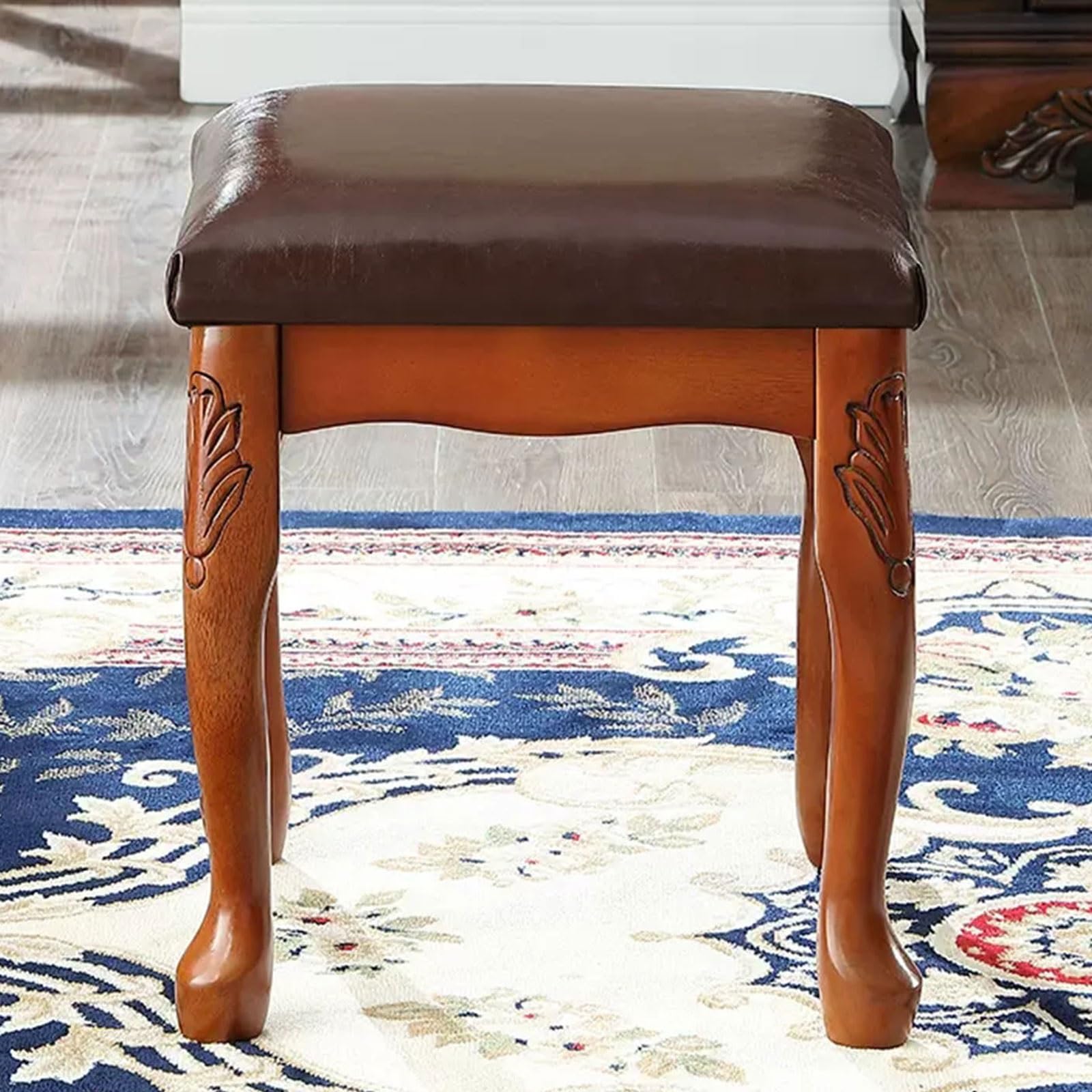 Taboret toaletowy z wyściełaną poduszką, 17-calowy taboret do toaletki pod makijaż, zabytkowy taboret do makijażu z nogami z litego drewna rzeźbionego, krzesło do makijażu do sypia