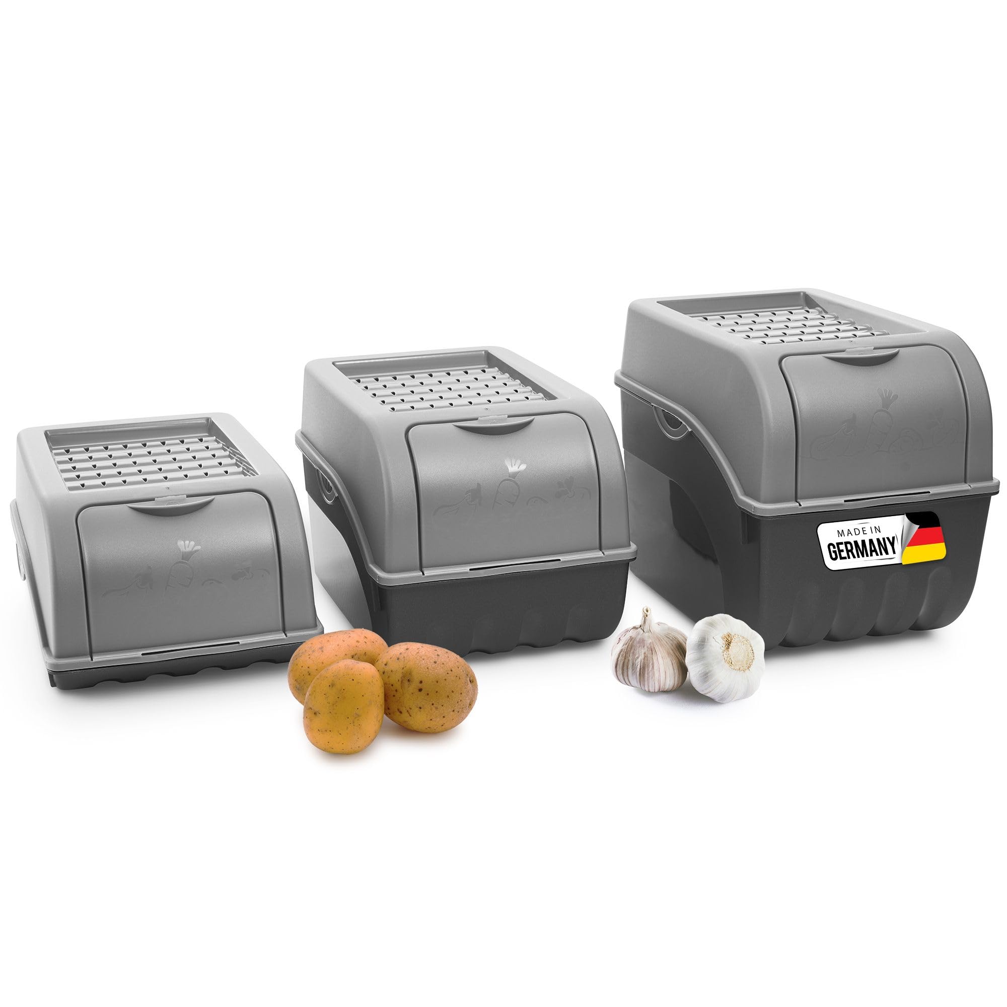 Novaliv Aardappelopbergdoos, 2 x klein, 3,5 liter, antracietgrijs, uienbox, groentebox, stapelbaar, aardappelbox, uien, opslag, aardappelmand, fruitcontainer, aardappelkist, vershouddoos, wortelen