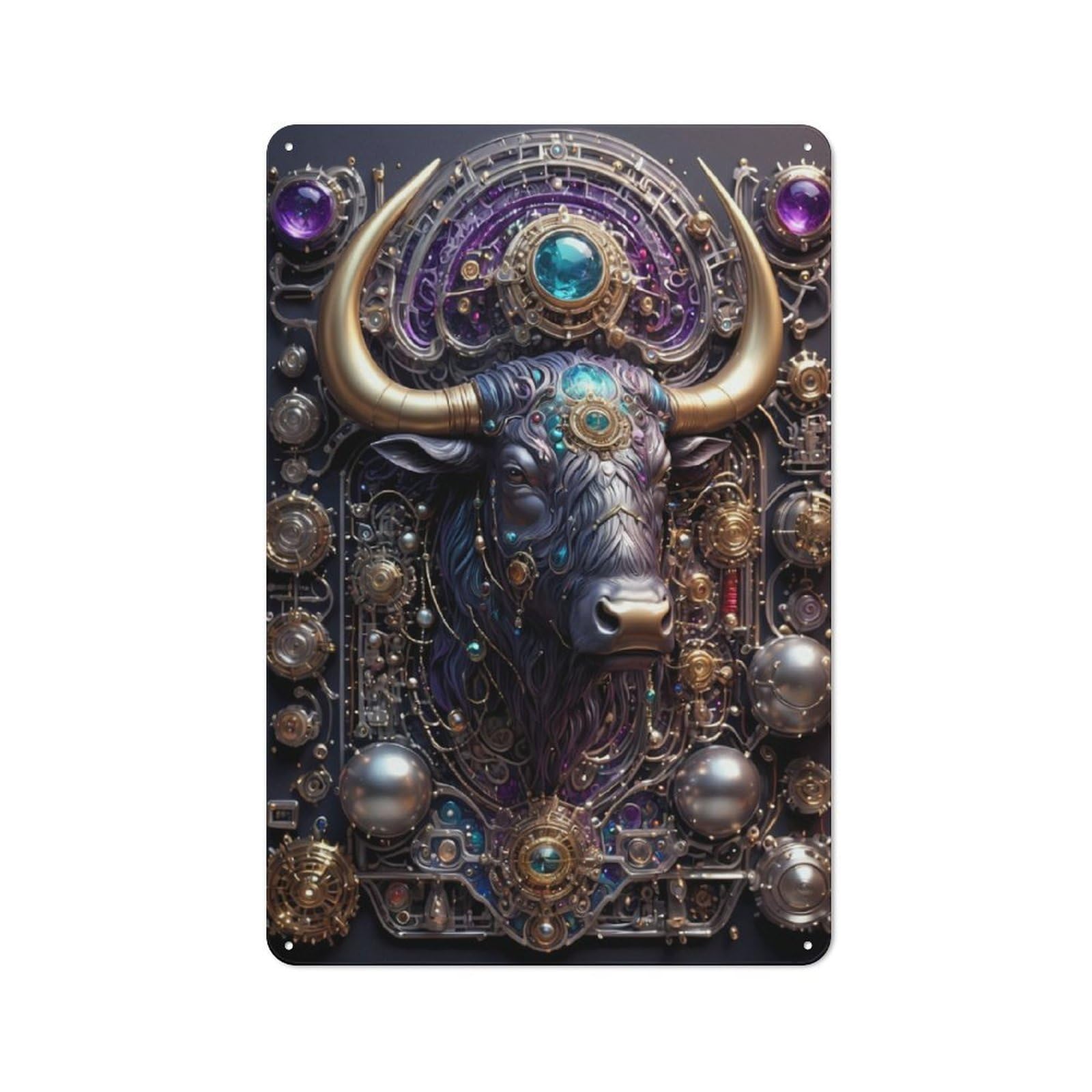 Junmoney Steampunk Bull Portrait For Garden Room Or Summerhouse, Vintage Tin Sign 30X20cm, A Metal Wall Feature For Garden Rooms And Summerhouses