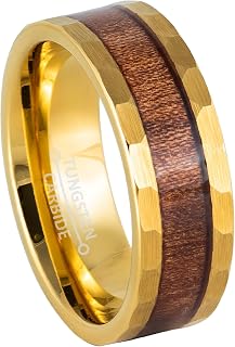 8mm Mens Yellow Gold Tungsten Wedding Band, Hawaiian Wood Inlay, Comfort-Fit Hammered Pipe Cut Engagement Ring