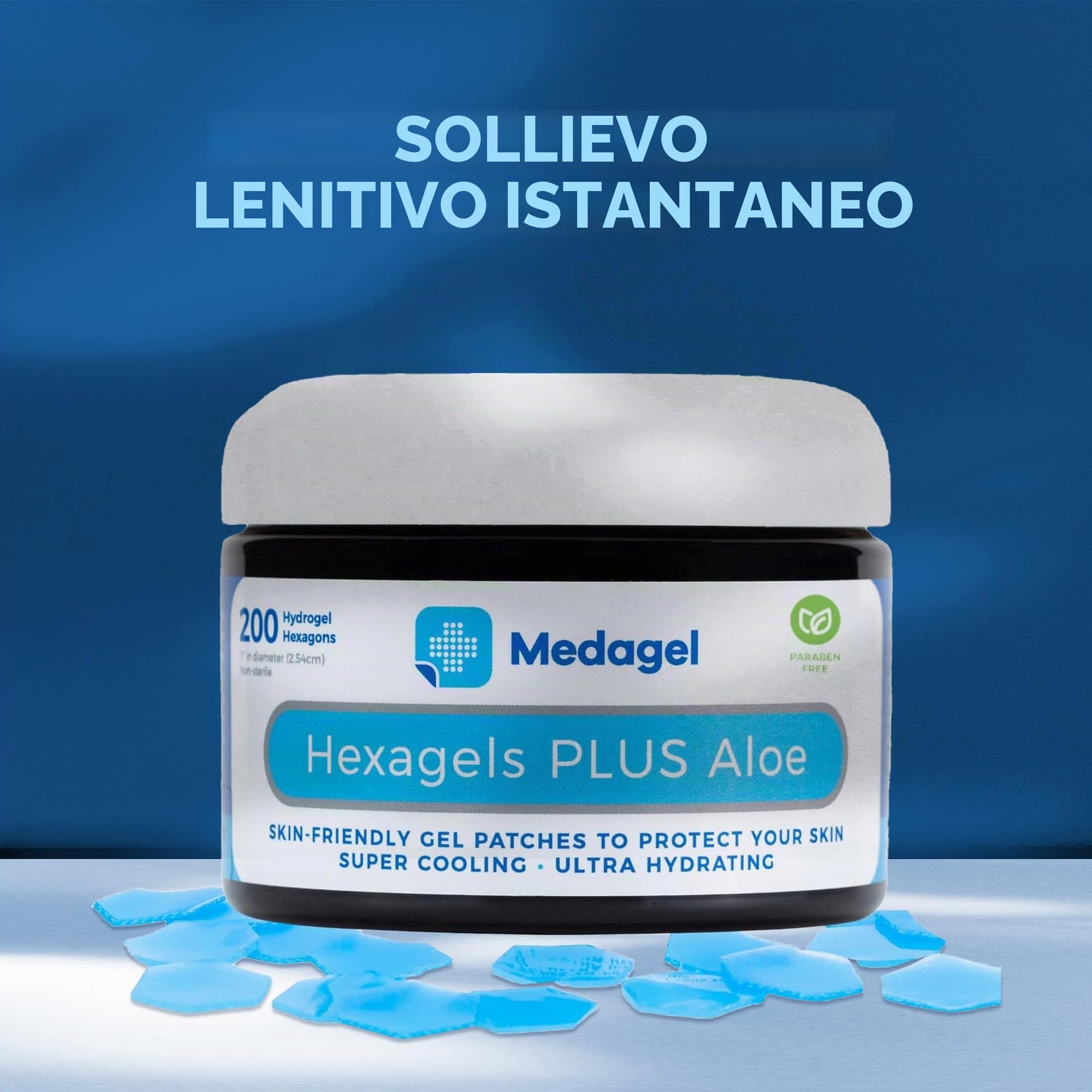 Medagel Hexagels Plus Aloe Vera - Cuscinetti curativi in idrogel per la prevenzione delle vesciche e la cura lenitiva delle ustioni, protezione per piedi, tallone, dita e caviglia, confezione da 200